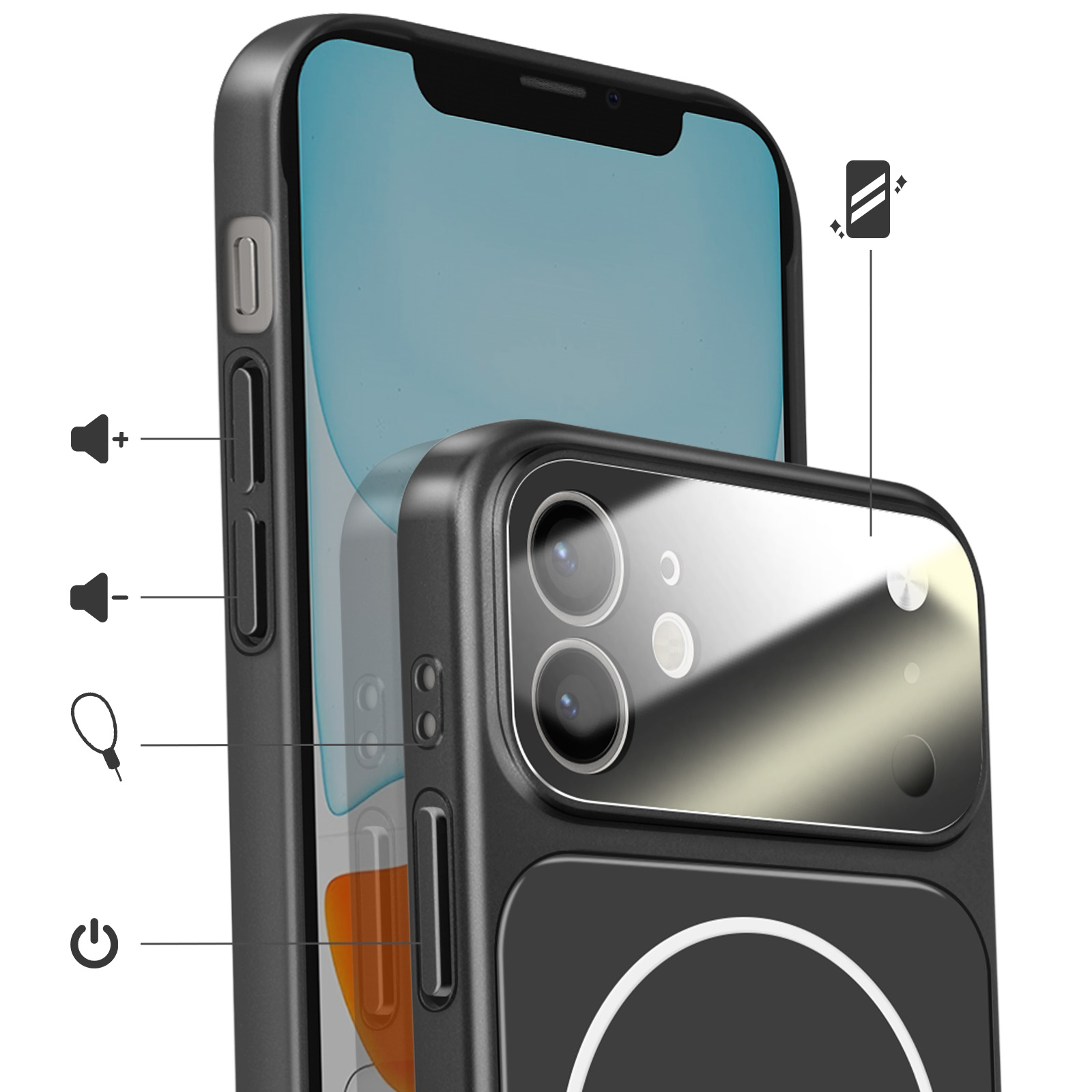 Gros plan d'une coque noire pour iPhone montrant la caméra et les boutons.