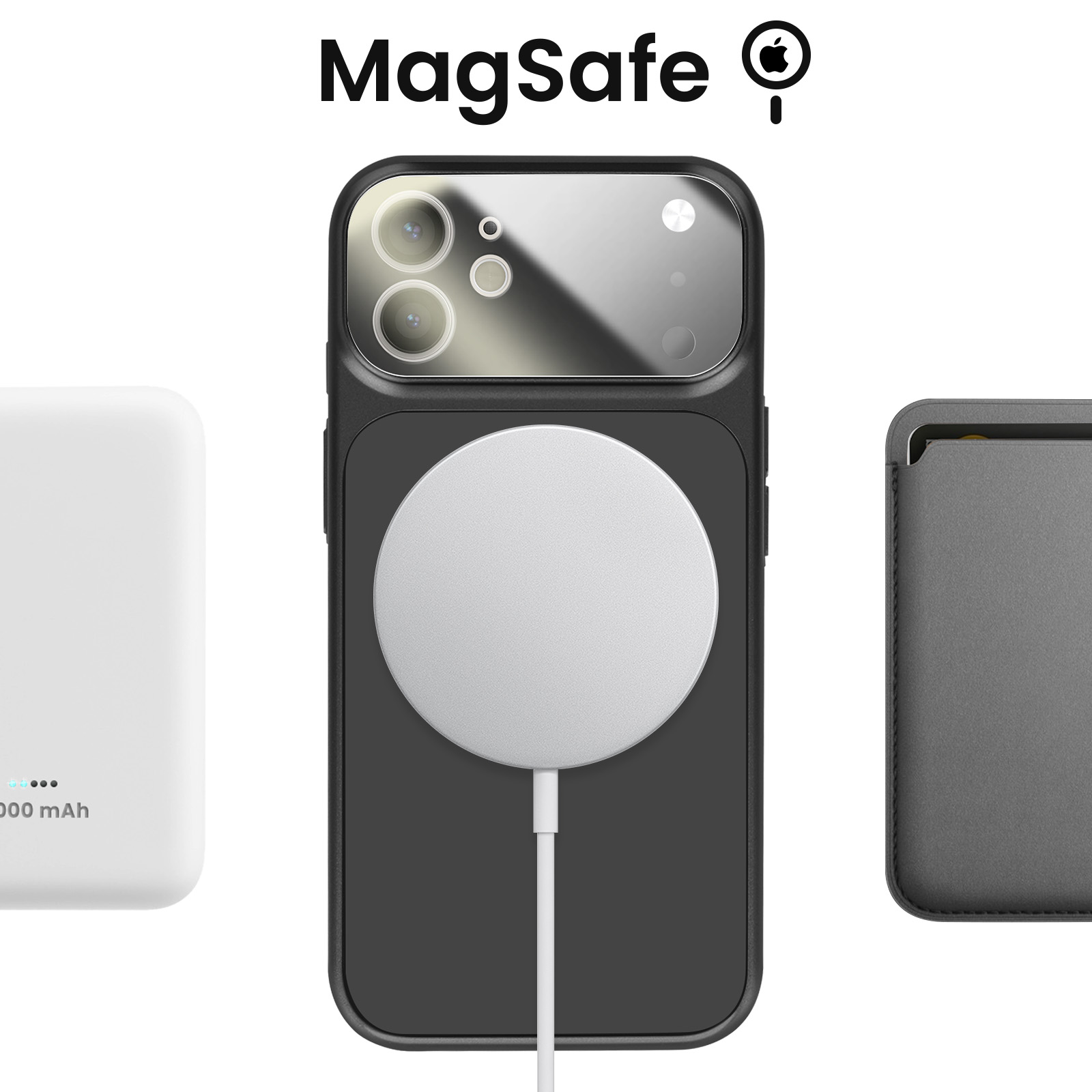 Batterie externe blanche, iPhone noir avec chargeur MagSafe, étui gris.