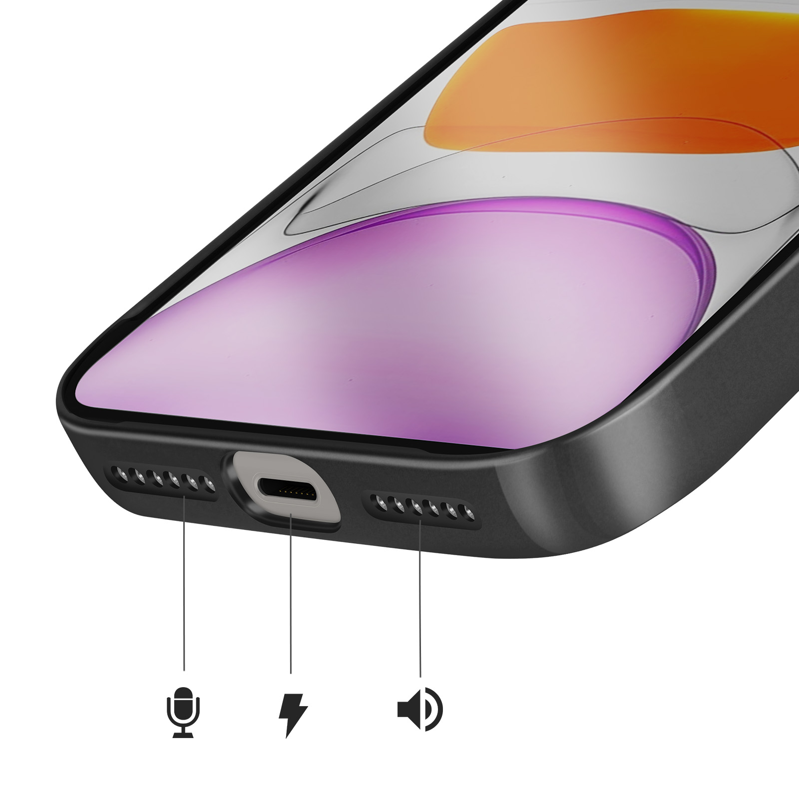 Gros plan du bord inférieur d'un smartphone noir, montrant les ports et icônes.