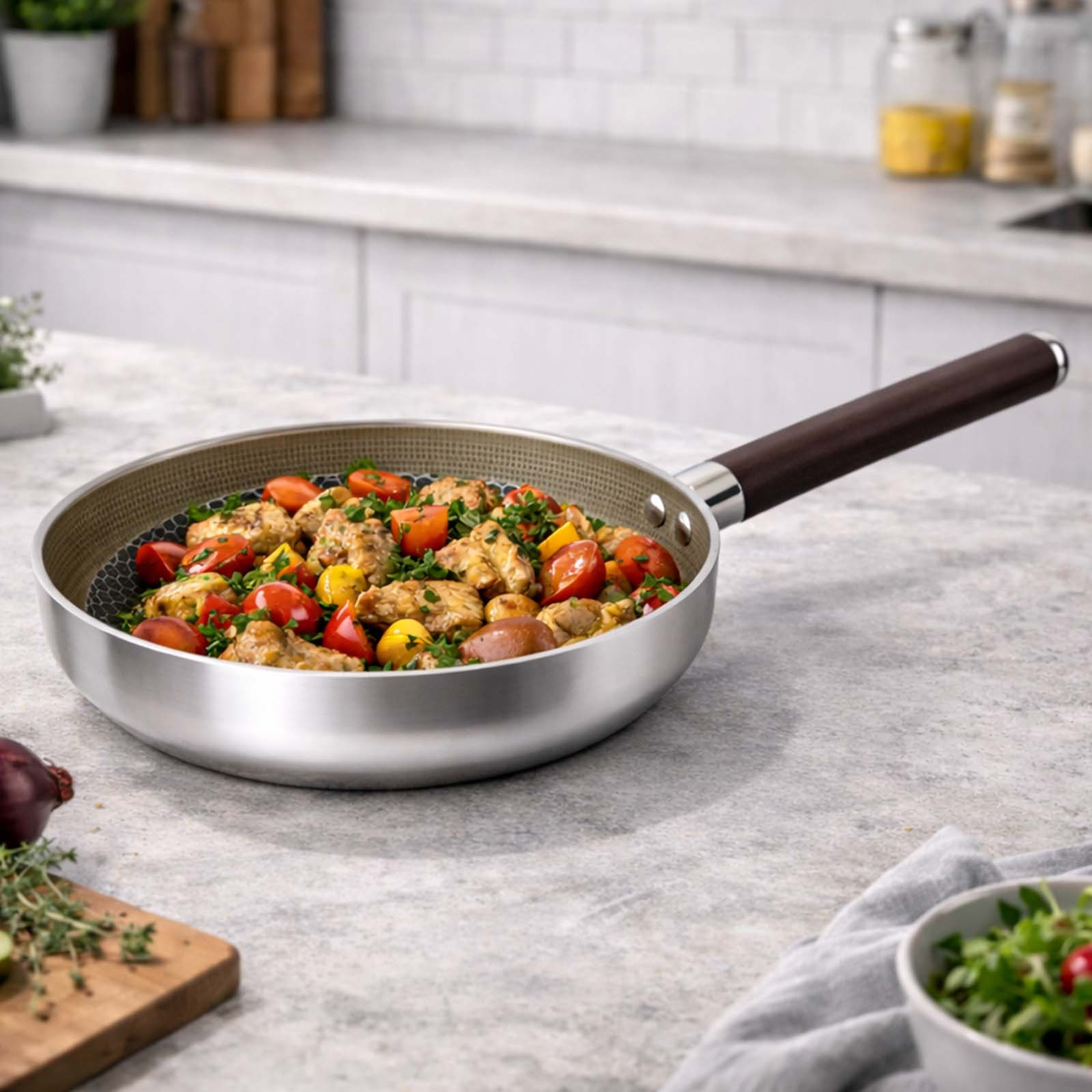 Poêle avec poulet, tomates, pommes de terre et herbes sur un comptoir de cuisine.