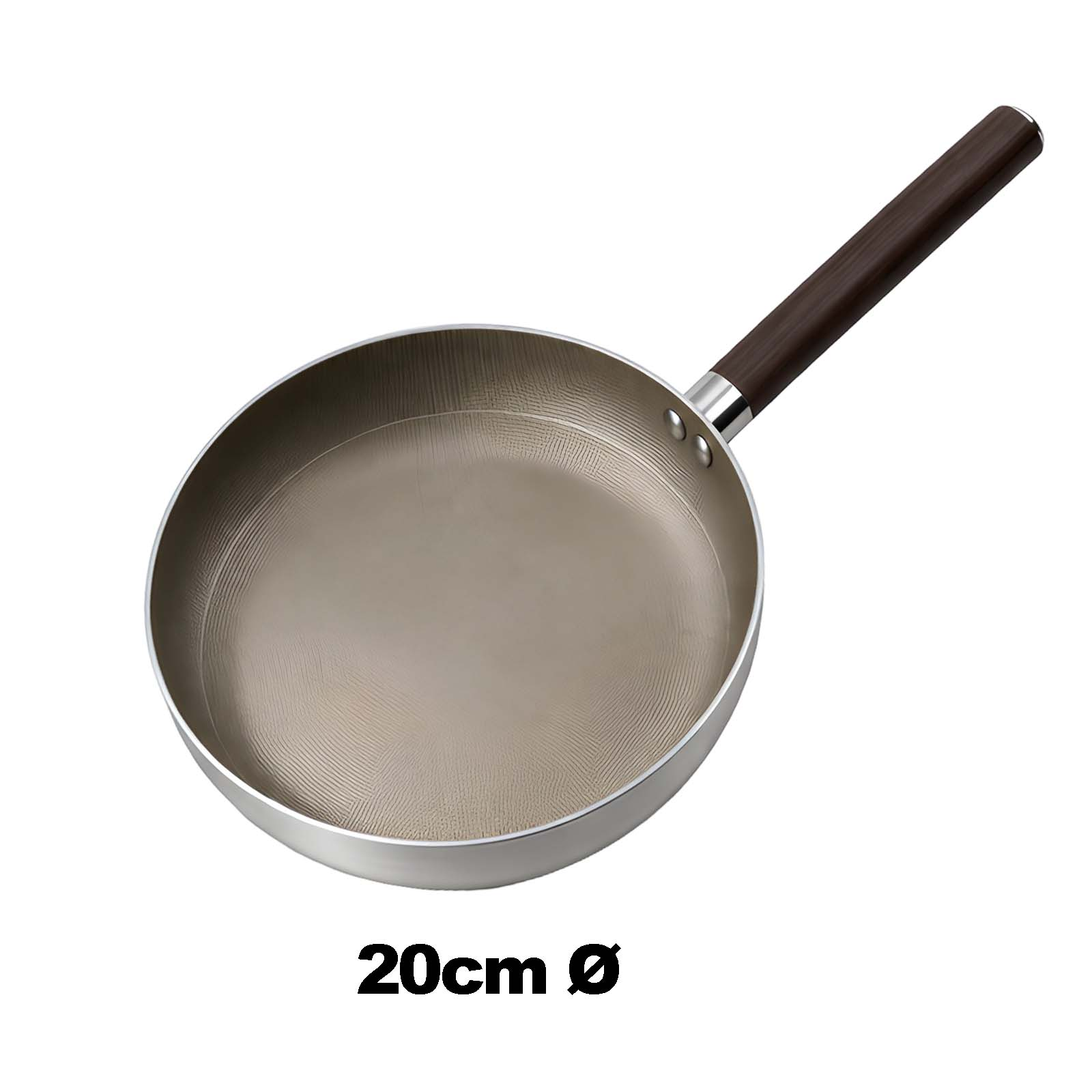 Une poêle de 20 cm avec un manche marron sur fond blanc.