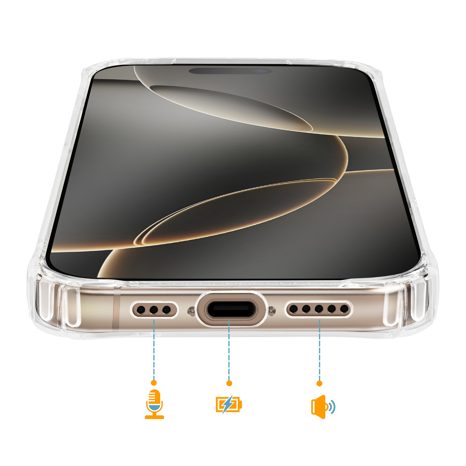 Transparante telefoonhoes met oplaadpoort, microfoon en luidsprekergaten.