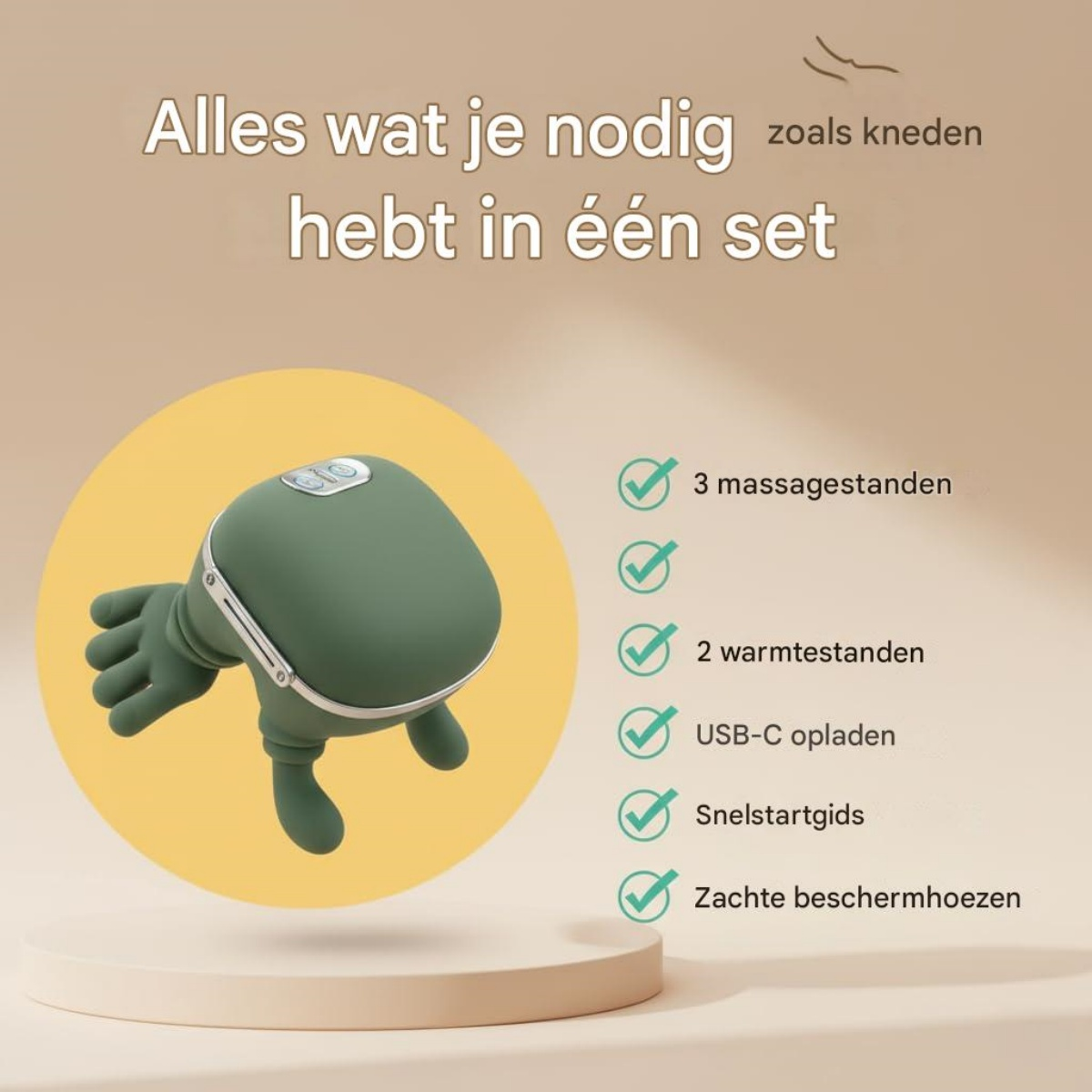 Grünes Massagegerät in Handschuhform mit 3 Massage- und 2 Wärmestufen.