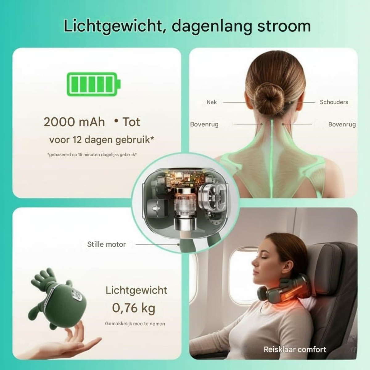 Produktanzeige: Akkulaufzeit, Nackenmassagegerät, Gewicht und Reisekomfort.
