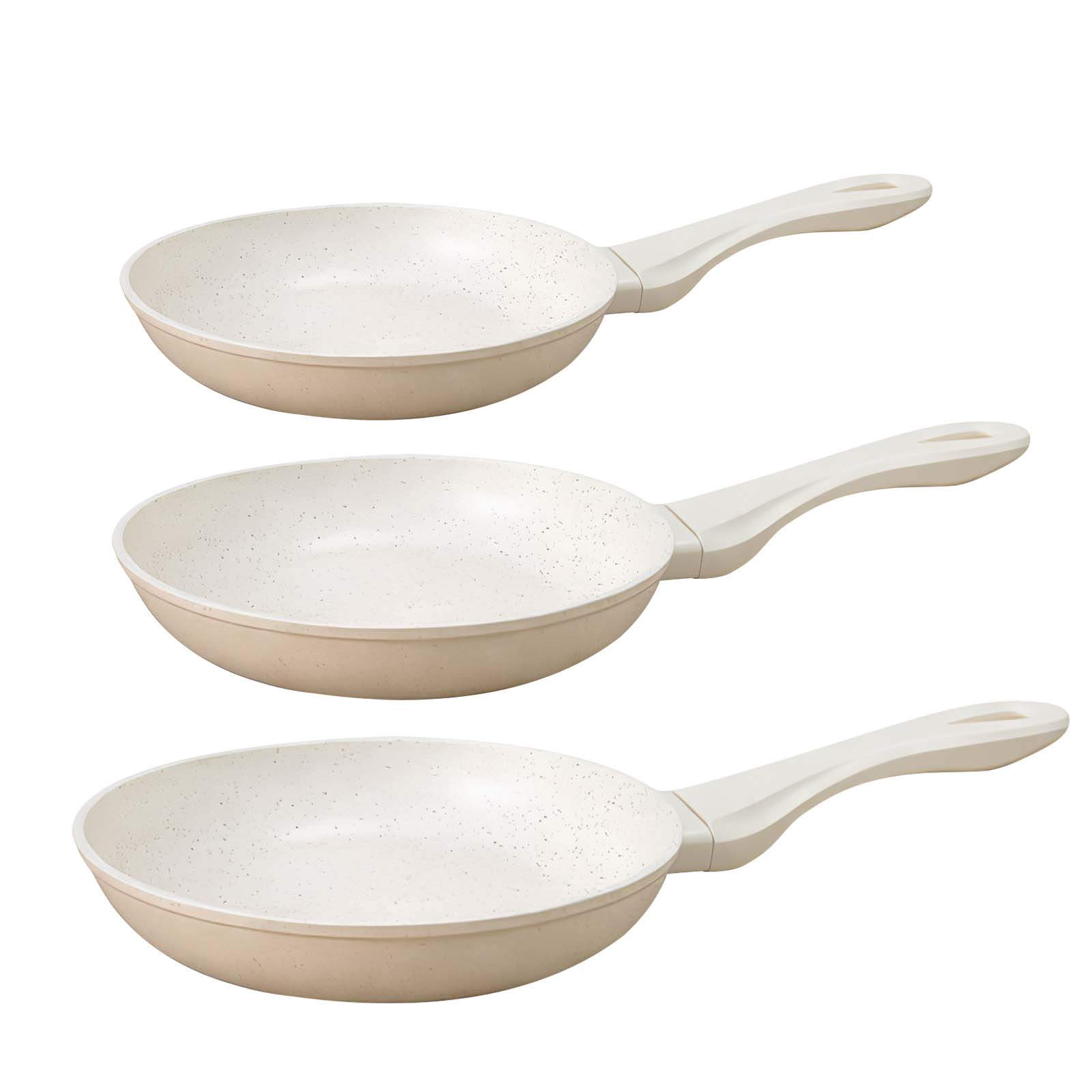 Trois poêles de couleur claire avec poignées blanches, sur fond blanc.