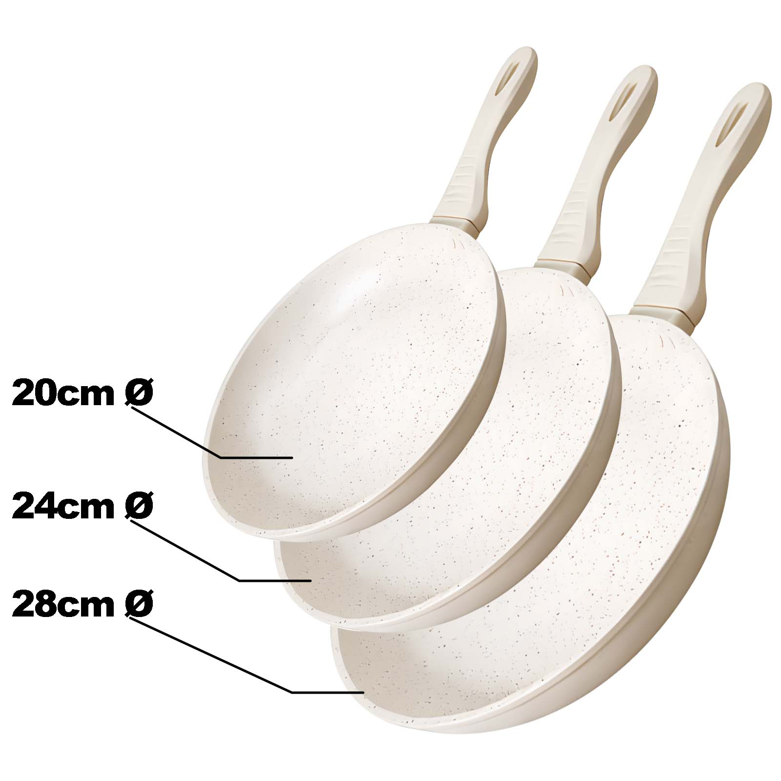 Trois poêles couleur crème avec poignées claires, tailles 20, 24, 28 cm.