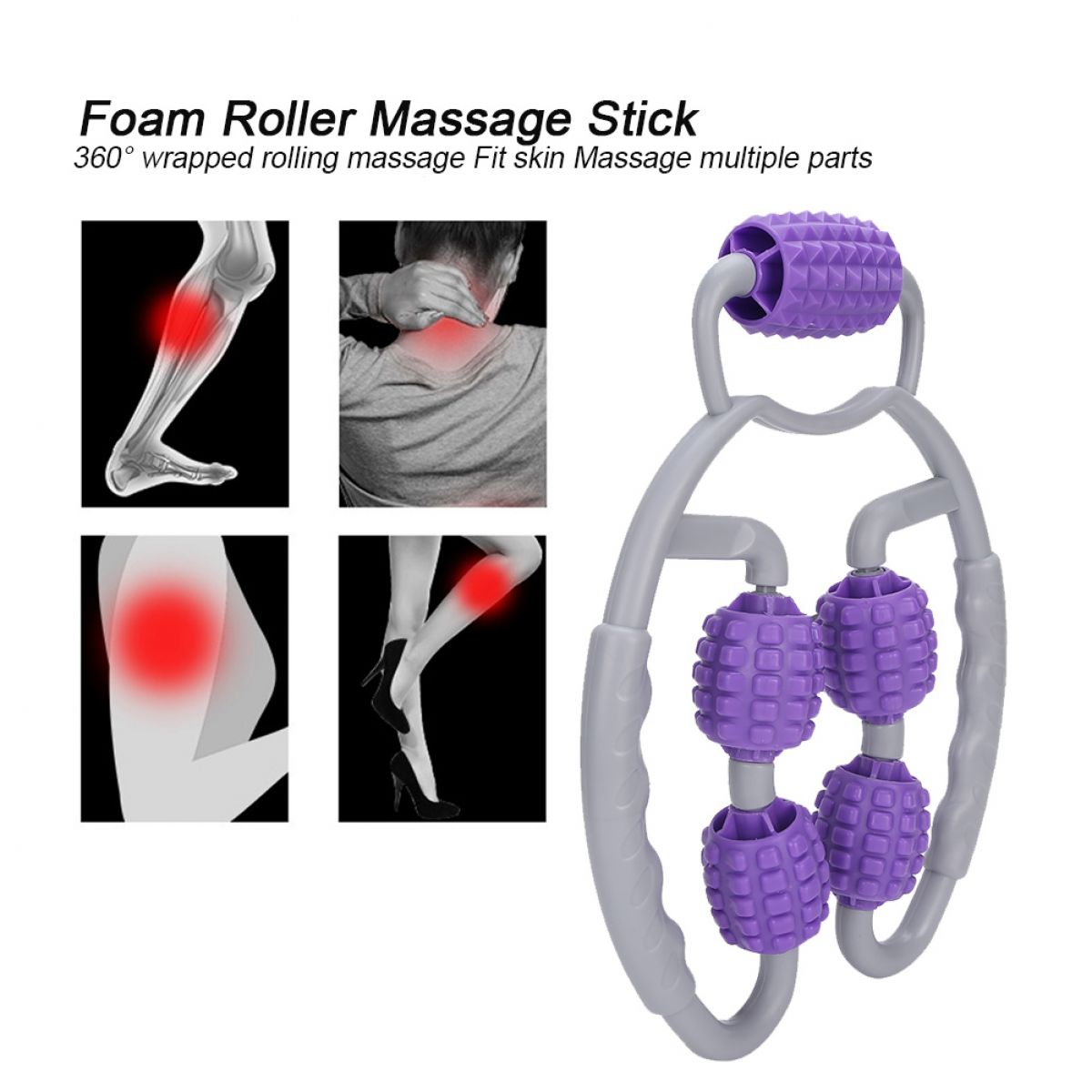 Ein grauer Massagegriff mit vier lila Rollen, daneben vier Bilder von Körperteilen mit roten Schmerzpunkten.