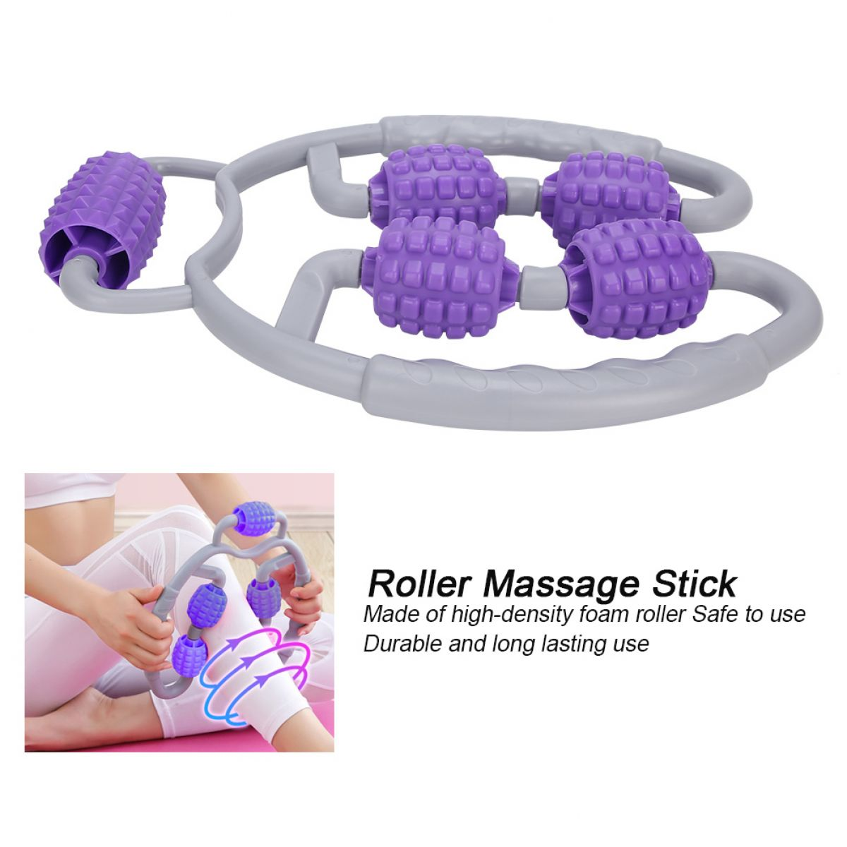 Grauer Massage-Roller mit violetten Rollen, für Beinmassage verwendet.
