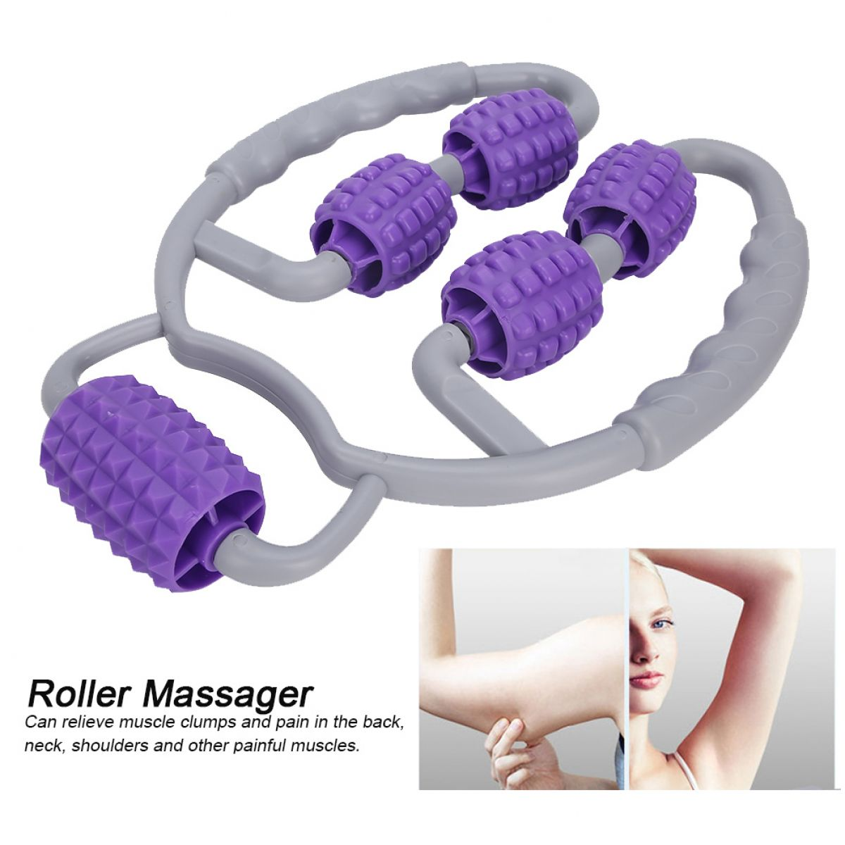 Grauer Massageroller mit vier violetten Rollen und Griffen.