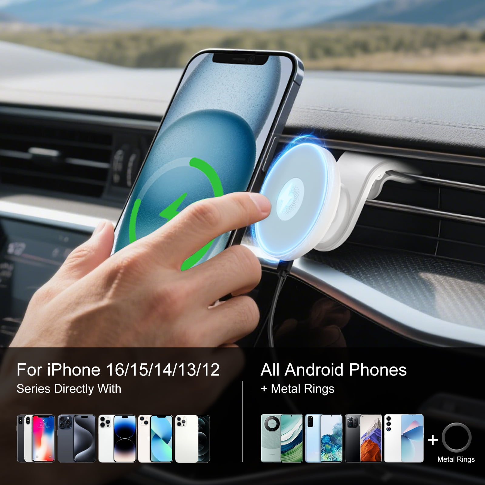 Ein iPhone wird auf ein magnetisches Autoladegerät gelegt. Mehrere iPhones und Android-Handys sind unten abgebildet.