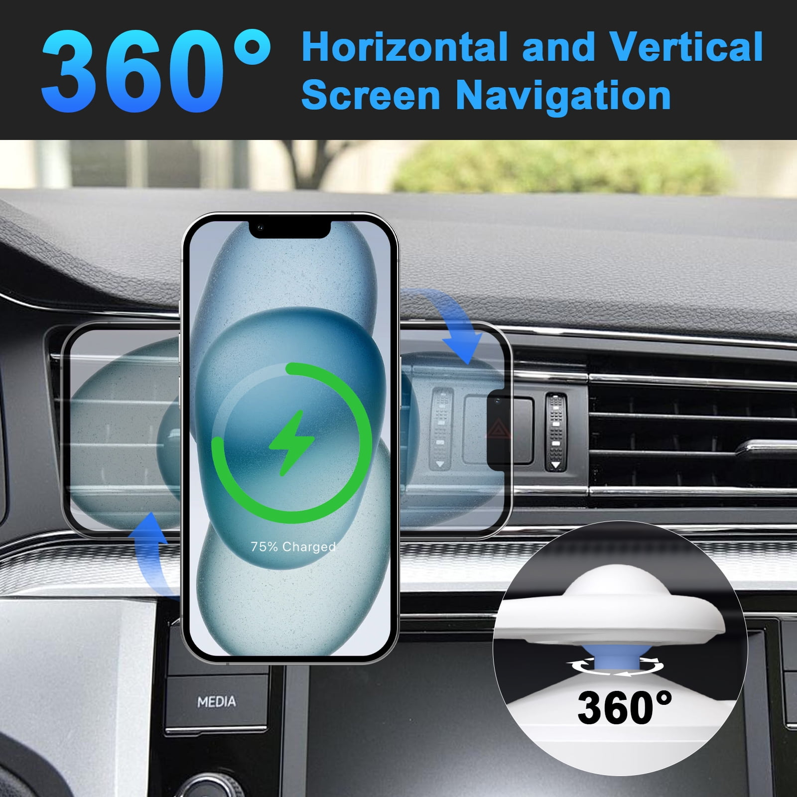 Ein Handy wird auf einer Autohalterung mit Ladeanzeige gezeigt.