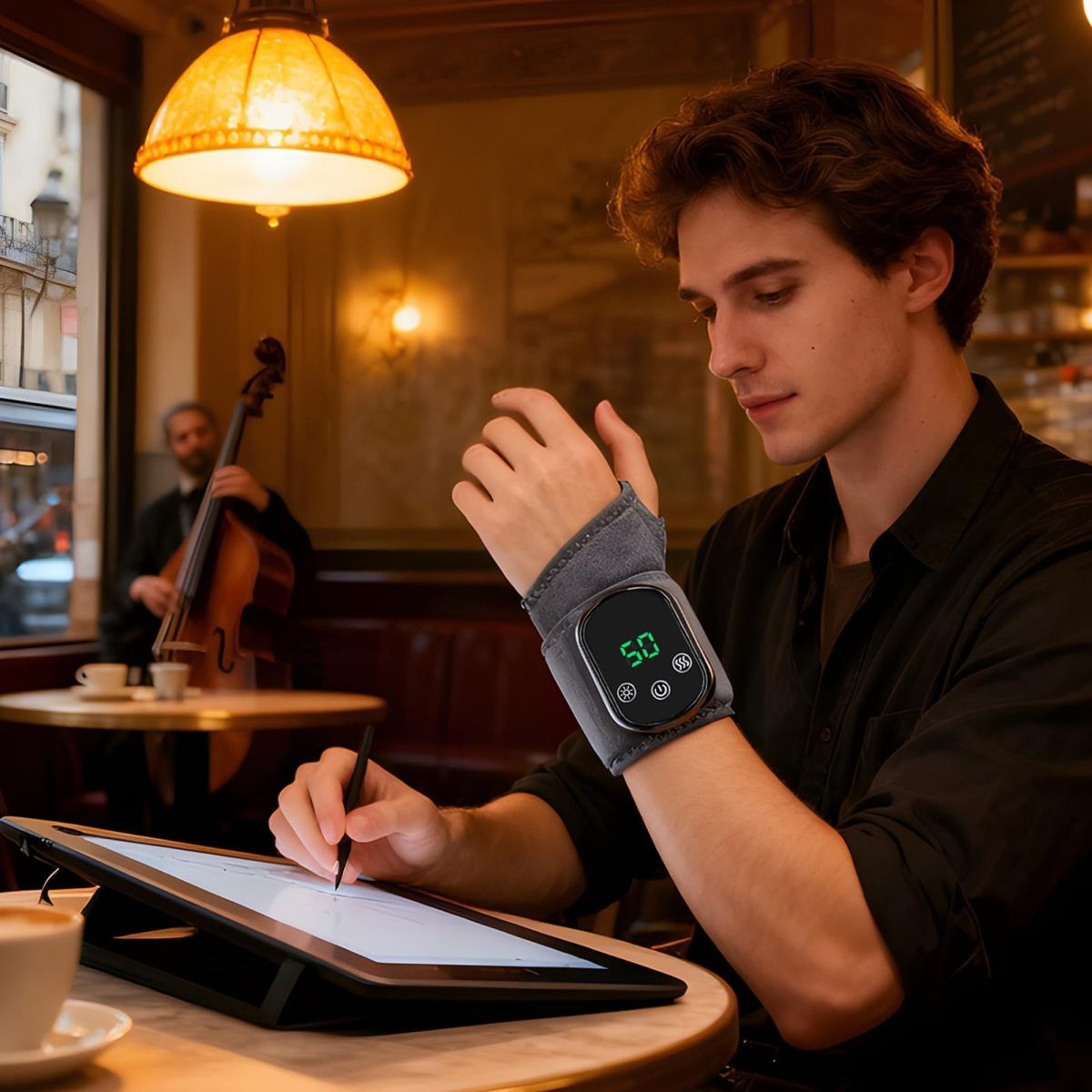 Ein Mann in einem Café benutzt ein Tablet, trägt eine digitale Uhr am Handgelenk.