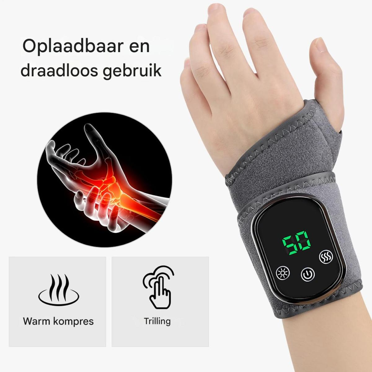 Ein Handgelenkstützgerät mit digitalem Display und Symbolen für Wärme und Massage.