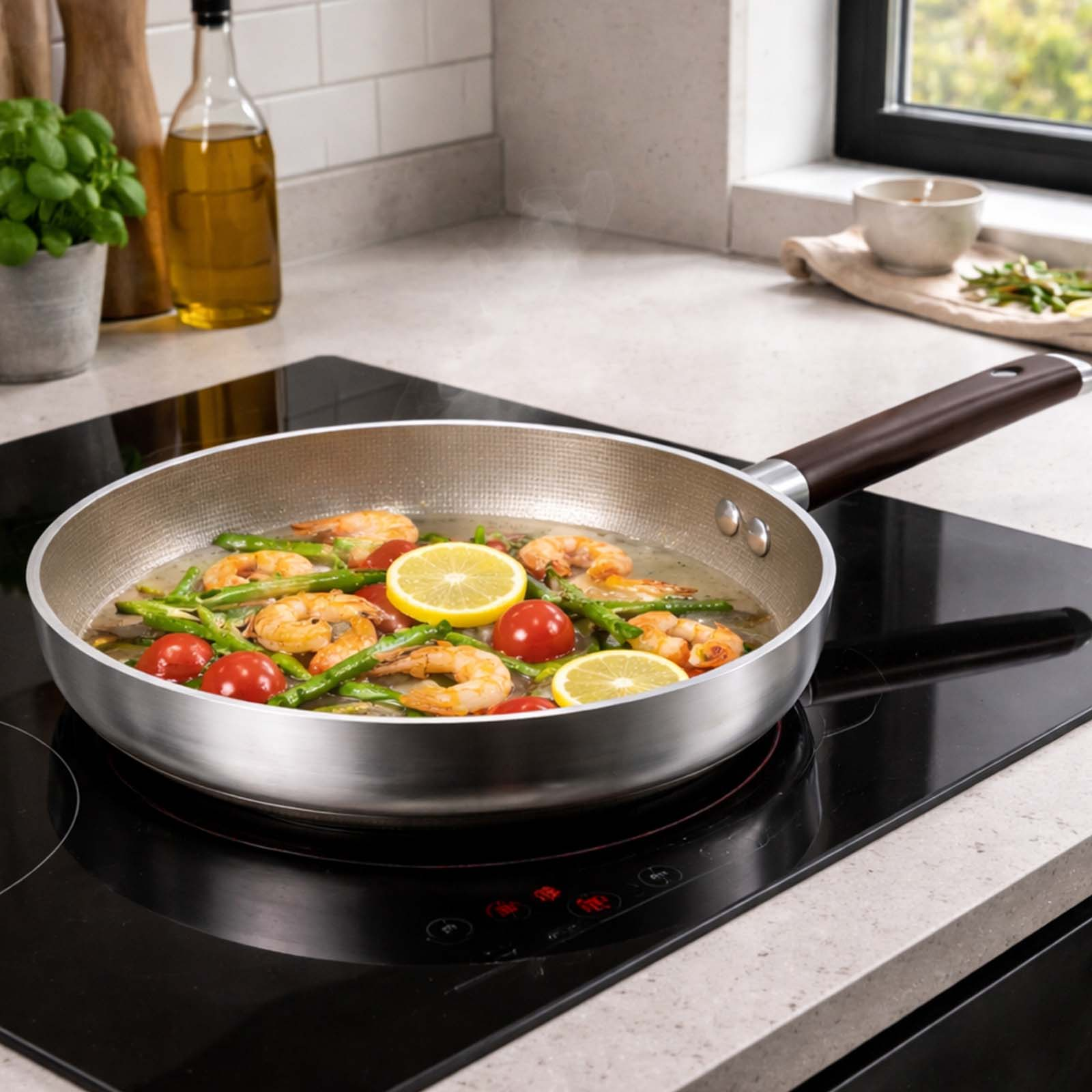 Crevettes avec légumes et citron dans une poêle sur une plaque à induction.