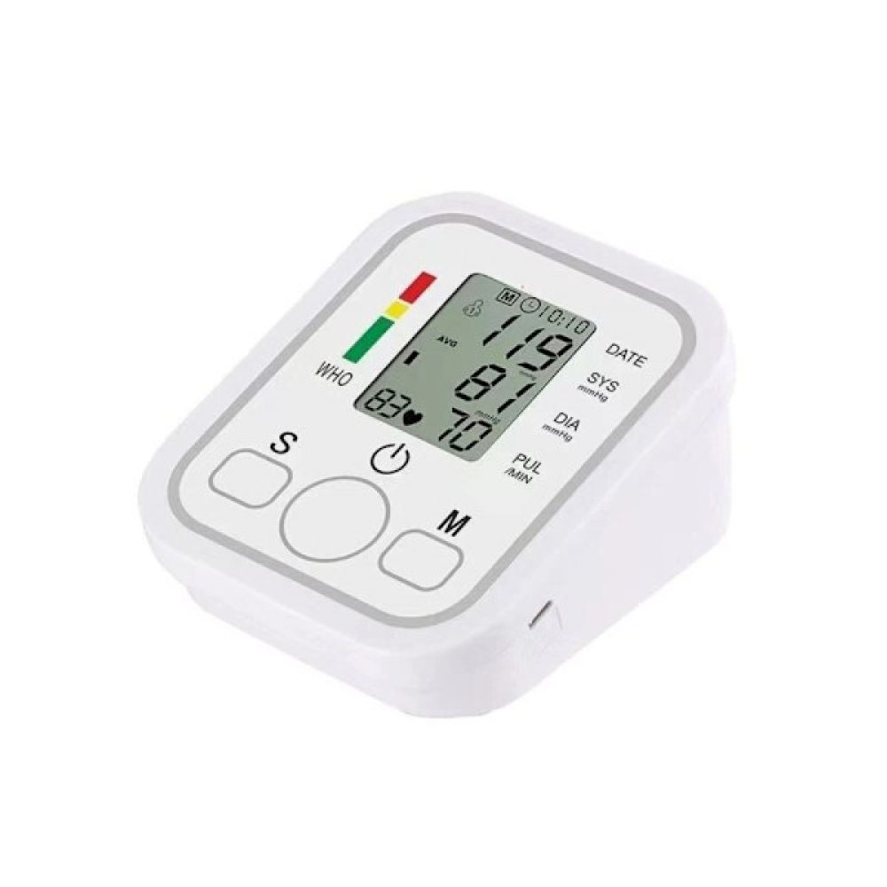Ein weißes digitales Blutdruckmessgerät mit LCD-Anzeige zeigt 119/81 mmHg an.