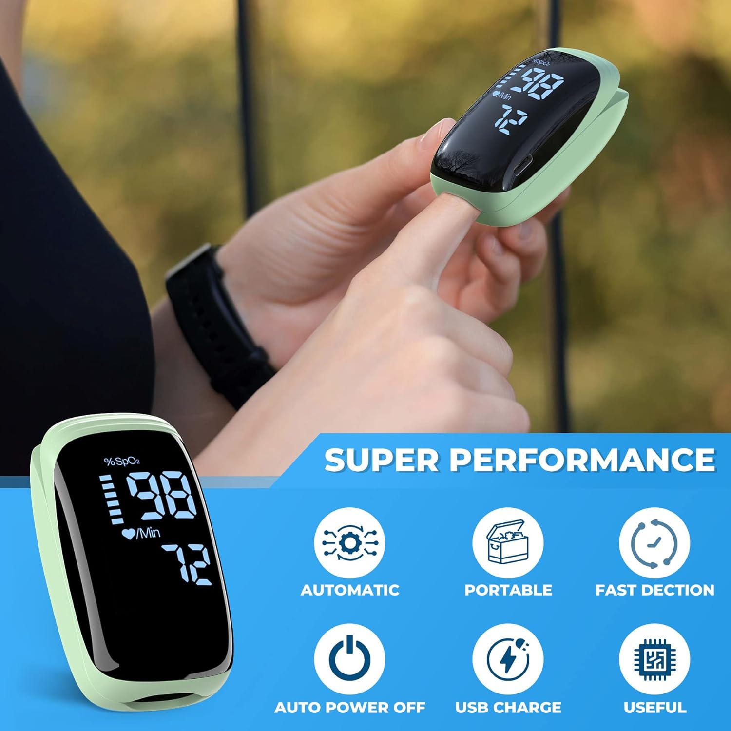 Ein Fingerpulsoximeter misst SpO2 und Puls. Es ist grün und hat ein Display.