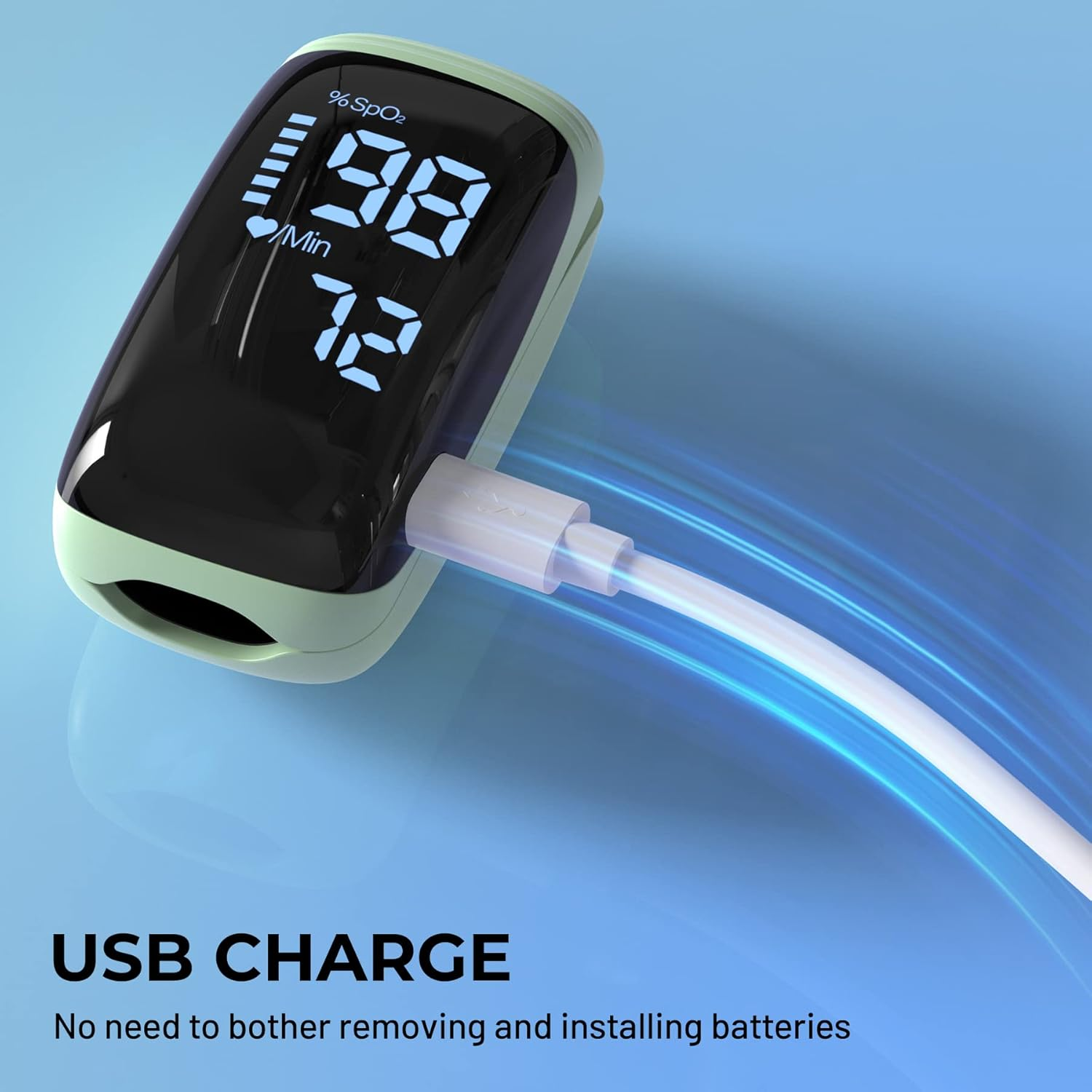 Pulsoximeter mit USB-Anschluss zeigt 98% SpO2 und 72 Schläge/Min.