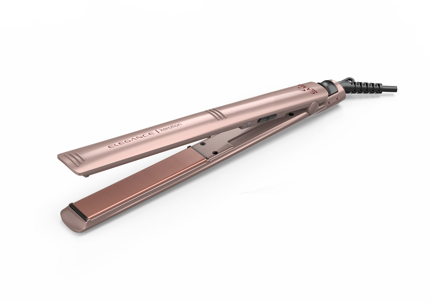 A rose gold hair straightener with a black cord on a white background.