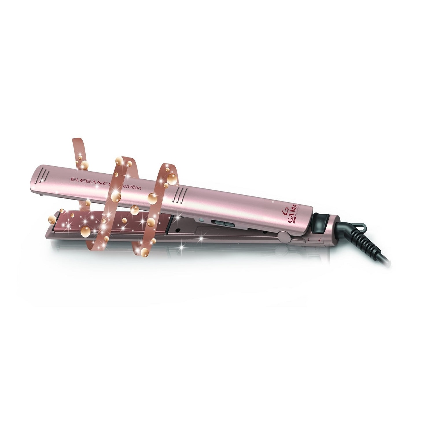 Pink hair straightener with shiny beads and spirals on a white background.