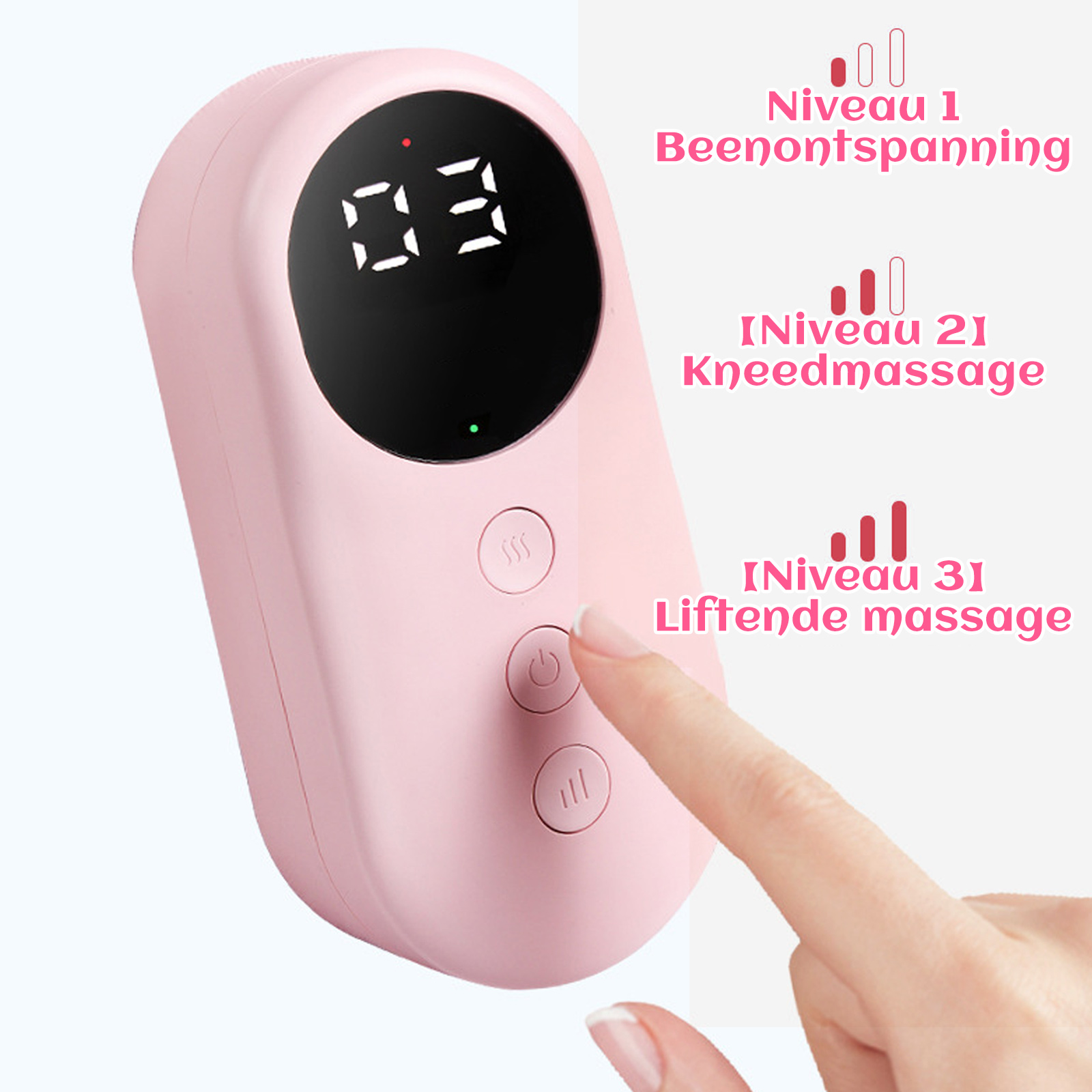 Ein rosafarbener Massagegerät mit Bildschirm und Knöpfen. Ein Finger drückt einen Knopf.