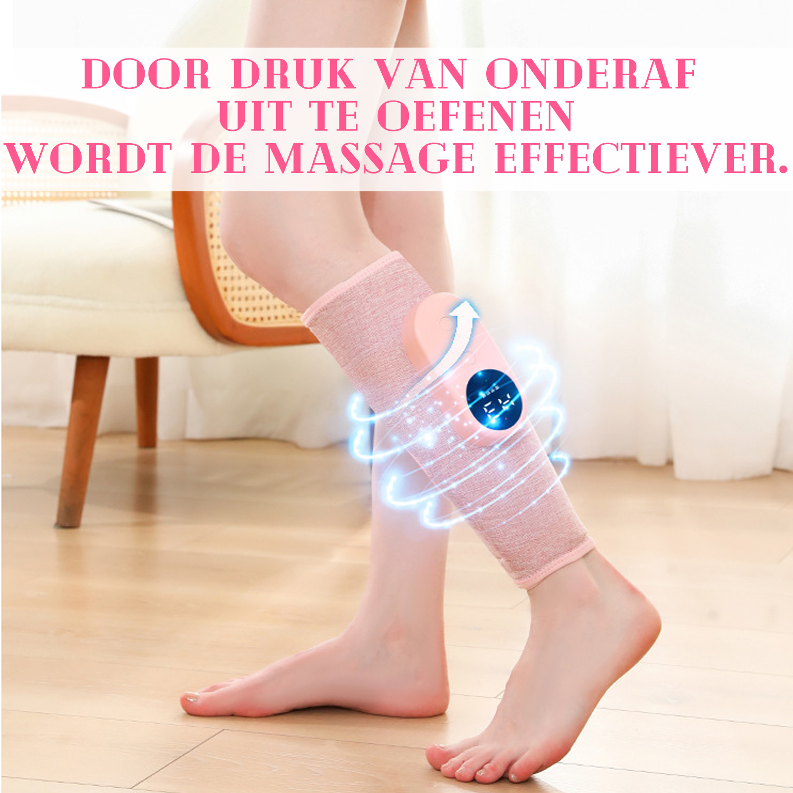 Ein Bein mit einer rosafarbenen Kompressionsmanschette, die mit einem Massagegerät ausgestattet ist.