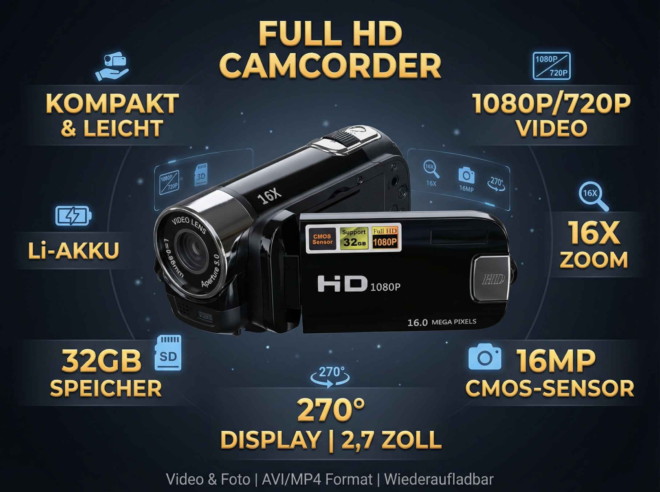 Full HD Camcorder mit 16-fachem Zoom, 16MP CMOS-Sensor und 2,7-Zoll-Display.