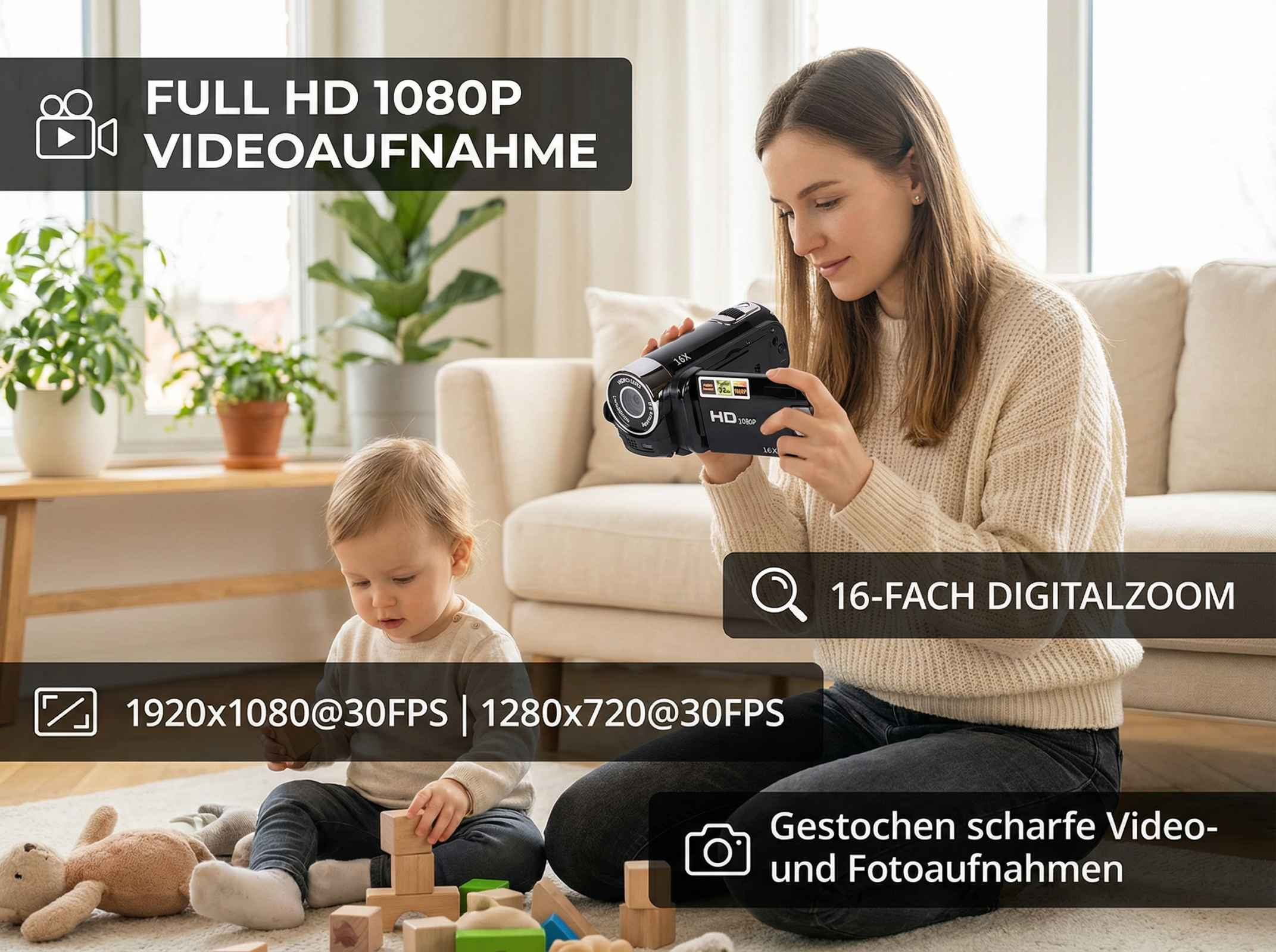 Eine Frau hält eine Kamera, ein Baby spielt mit Holzklötzen.