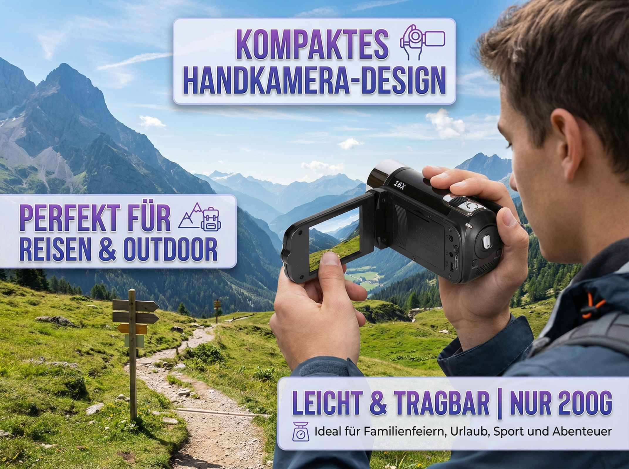 Mann hält Kamera in Berglandschaft. "Kompakt", "Reisen & Outdoor", "Leicht & Tragbar".