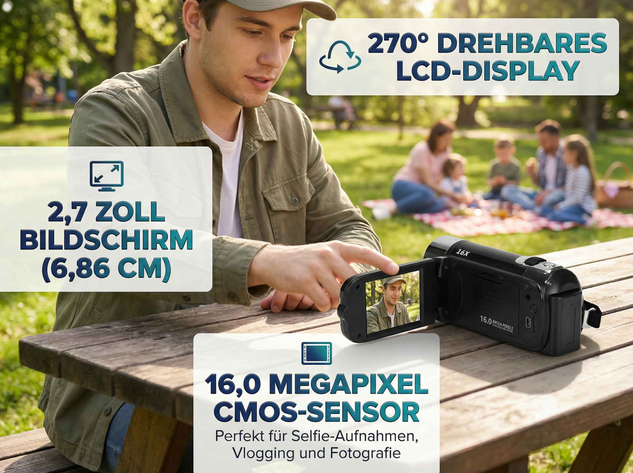 Mann mit Kamera, 2,7 Zoll Bildschirm, 16 MP Sensor, Familie picknickt im Hintergrund.