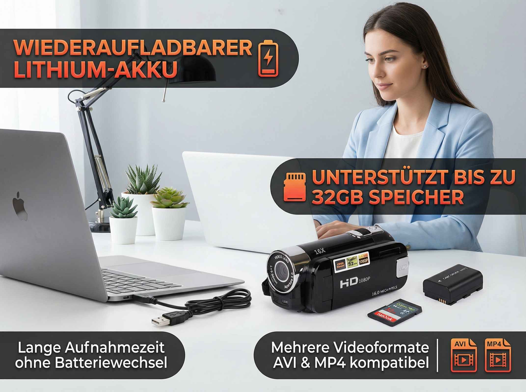 Ein Camcorder, Laptop, Akku und SD-Karte liegen auf einem Tisch. Text über Akku & Speicher.