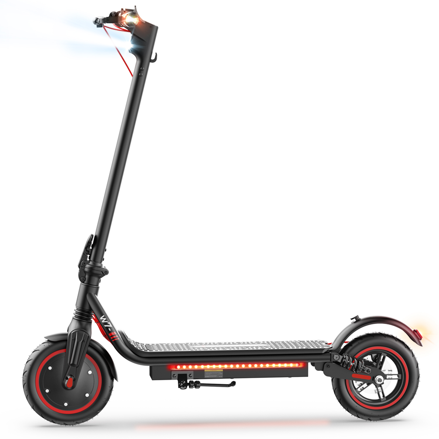 Un monopattino elettrico nero con accenti rossi, luci e strisce riflettenti.
