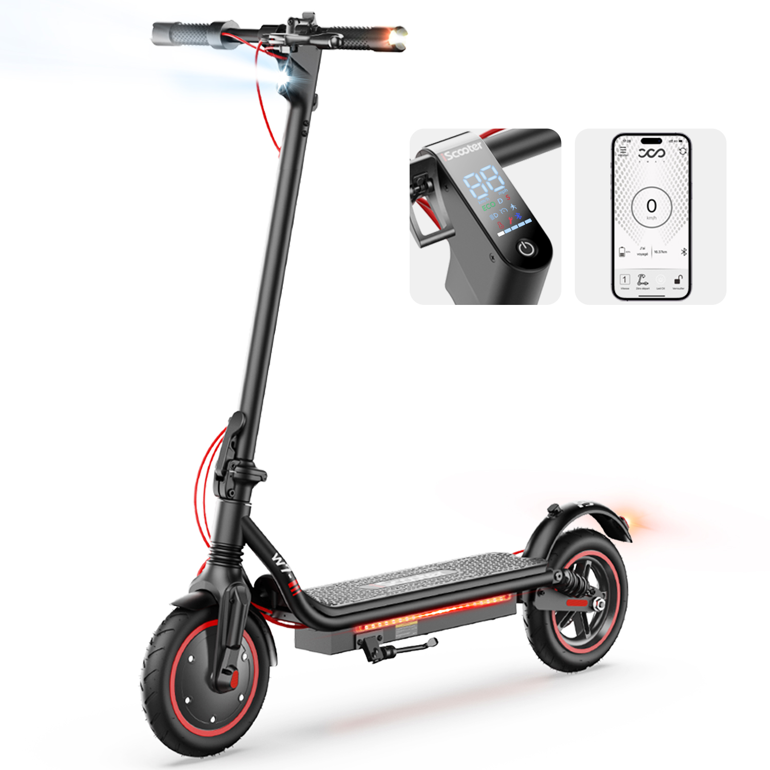 Monopattino elettrico nero con accenti rossi, display illuminato e interfaccia app.
