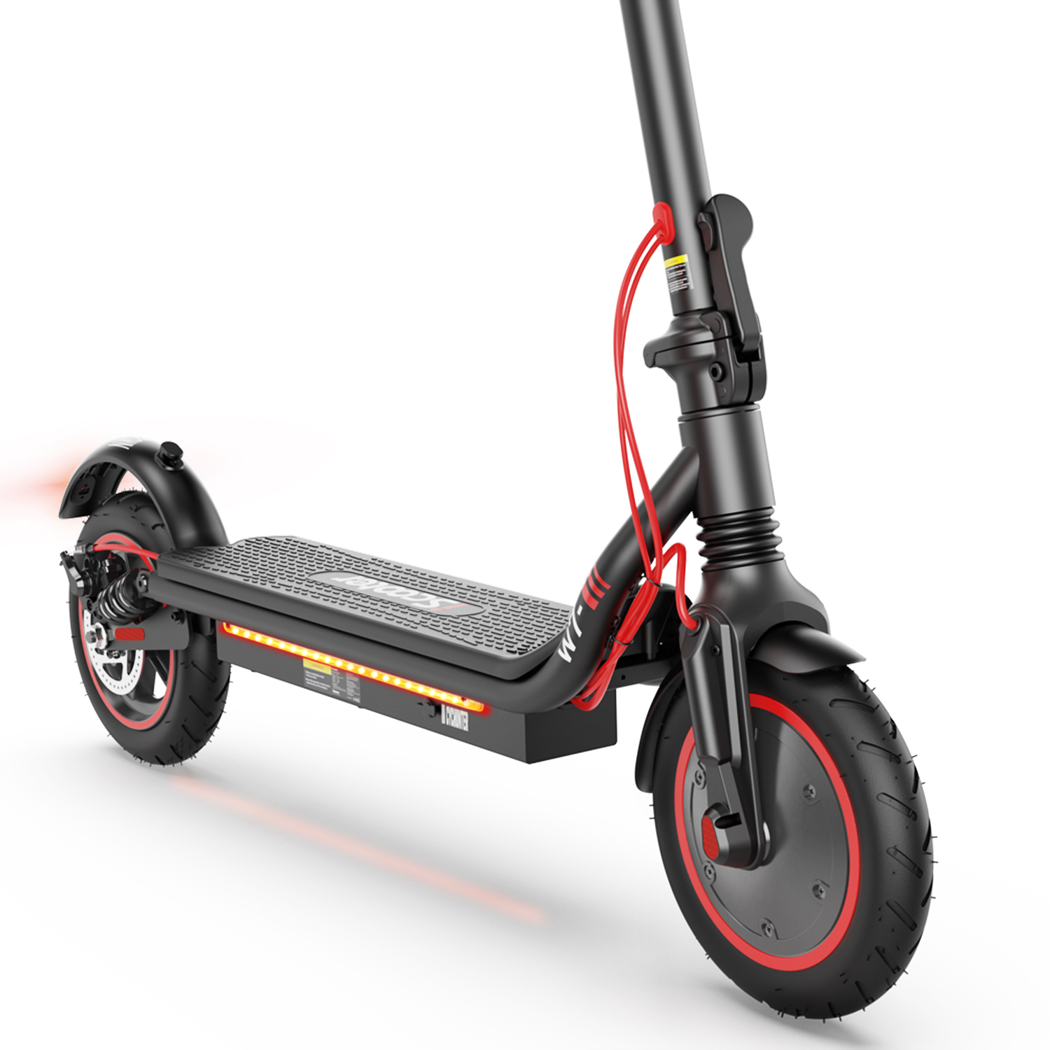 Monopattino elettrico nero con accenti e luci rosse, primo piano.