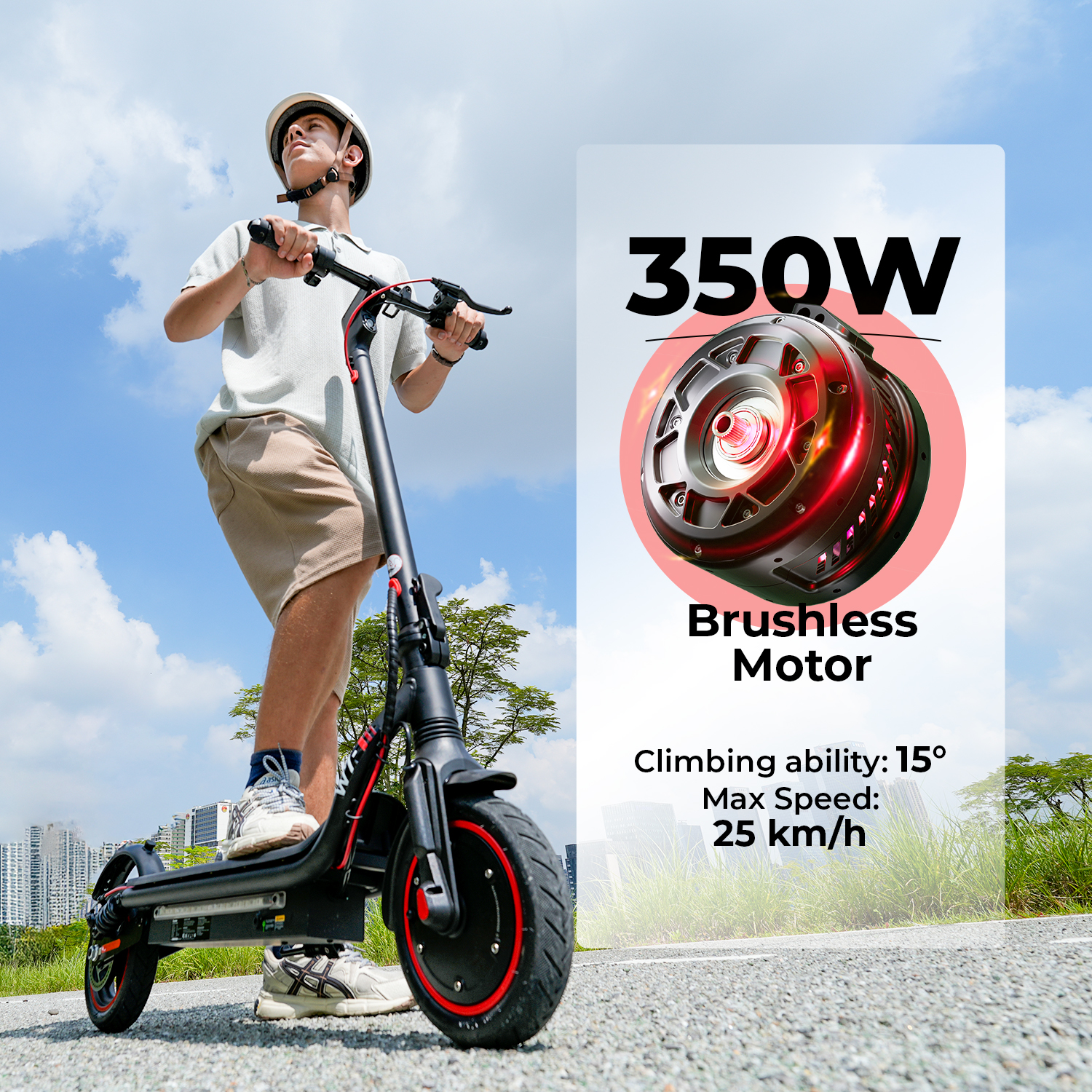 Uomo su monopattino elettrico con motore 350W, capacità 15°, velocità max 25 km/h.