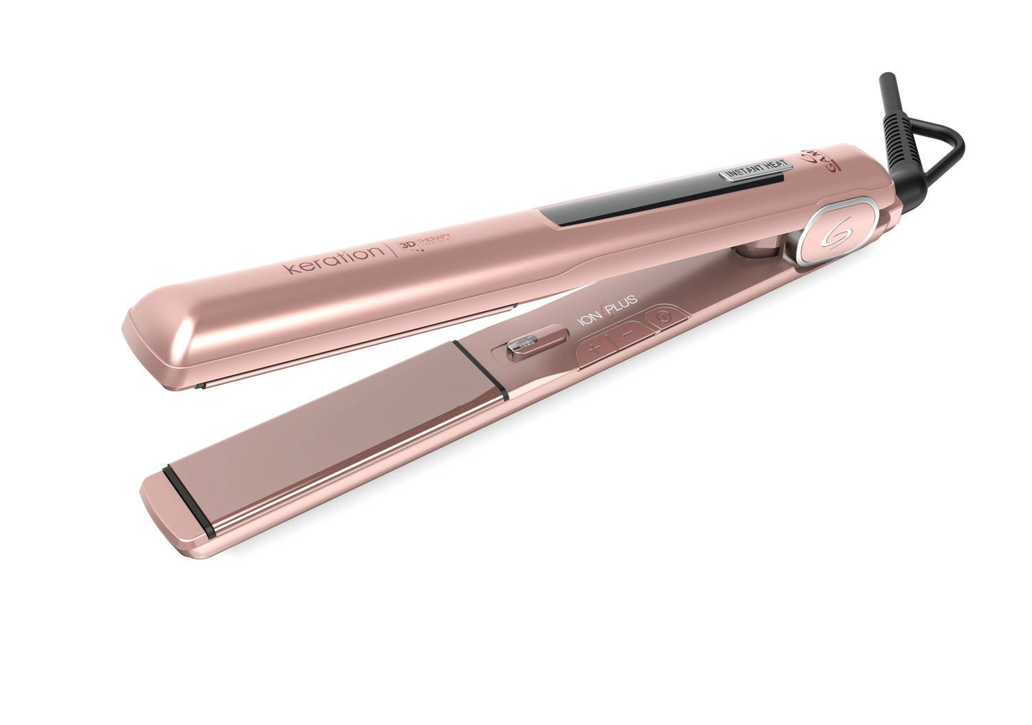 A rose gold hair straightener labeled "Keration" and "Ion Plus".