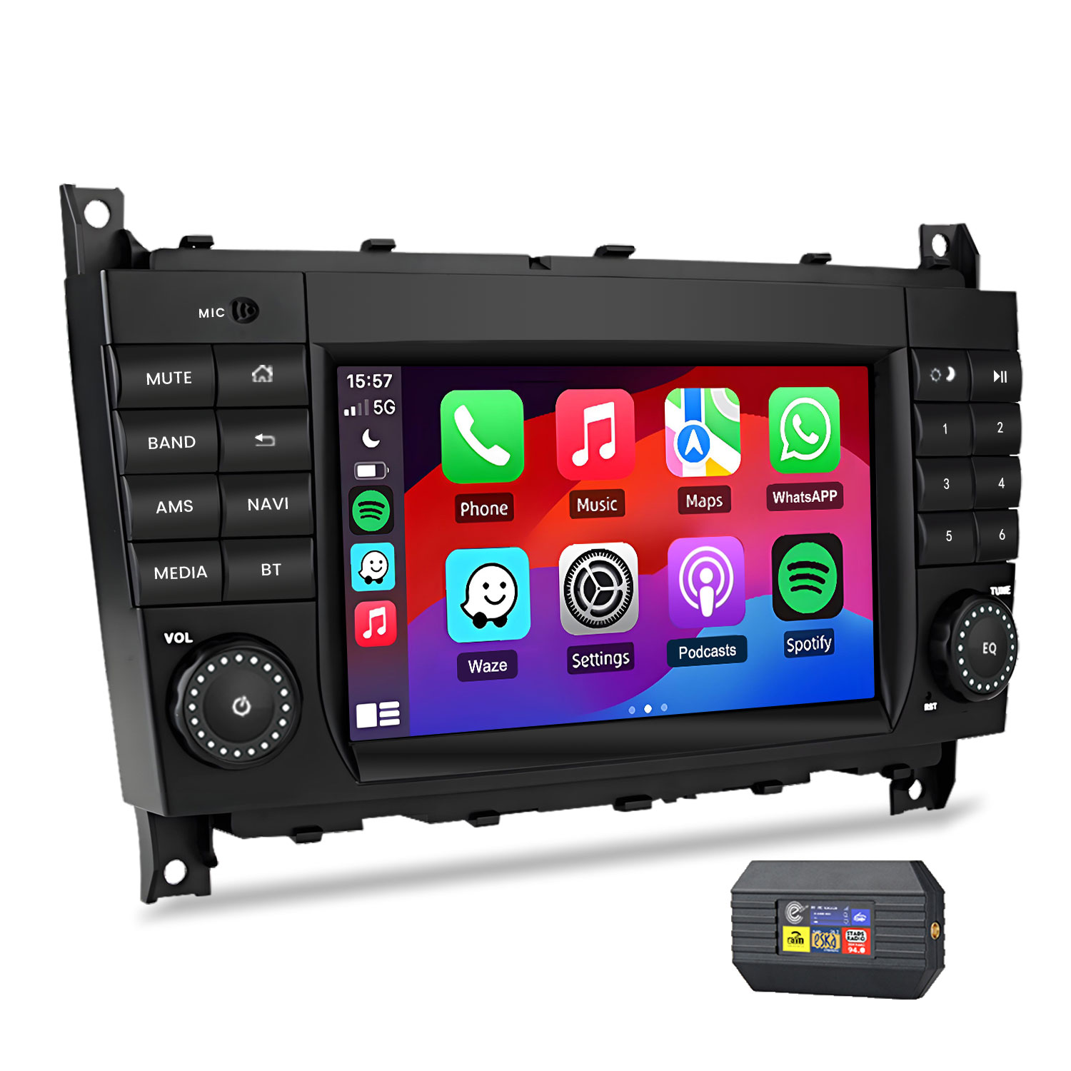 Ein Auto-Infotainmentsystem mit Touchscreen und Tasten. Unten ein kleiner Kasten.