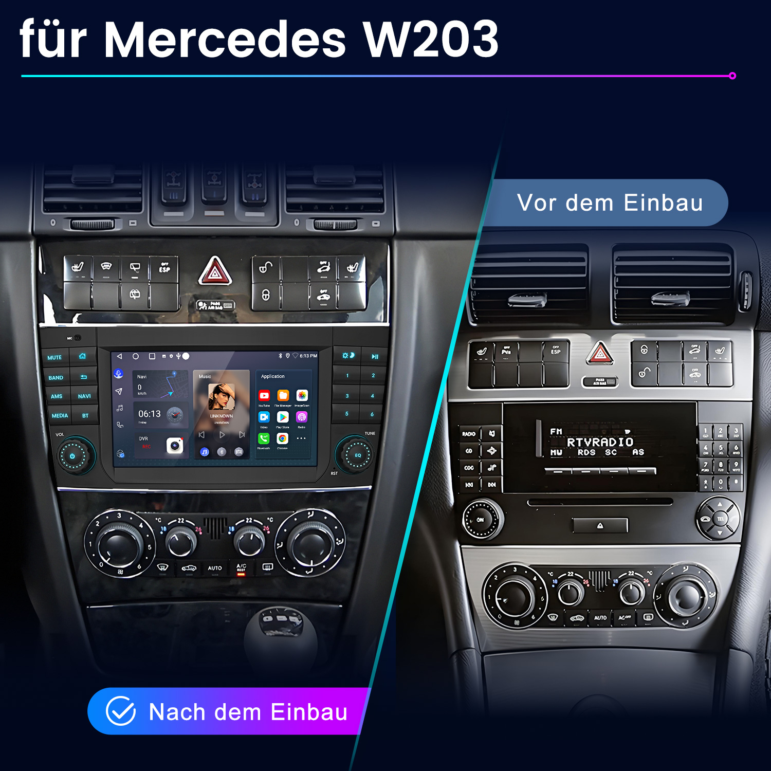 Vergleich eines Mercedes W203 Autoradios vor und nach dem Einbau.