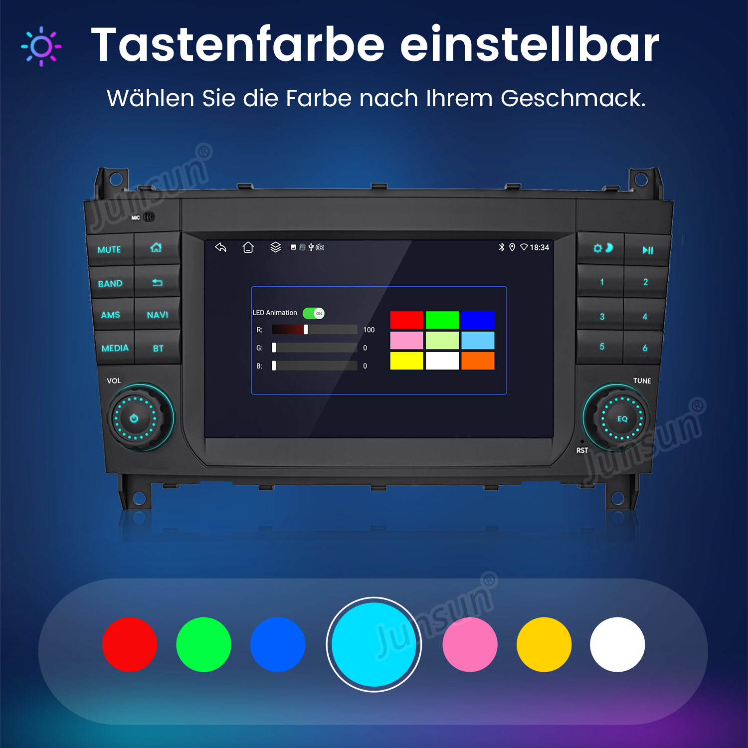 Ein Autoradio-Bildschirm zeigt Farbeinstellungen mit Farbfeldern und Schiebereglern.