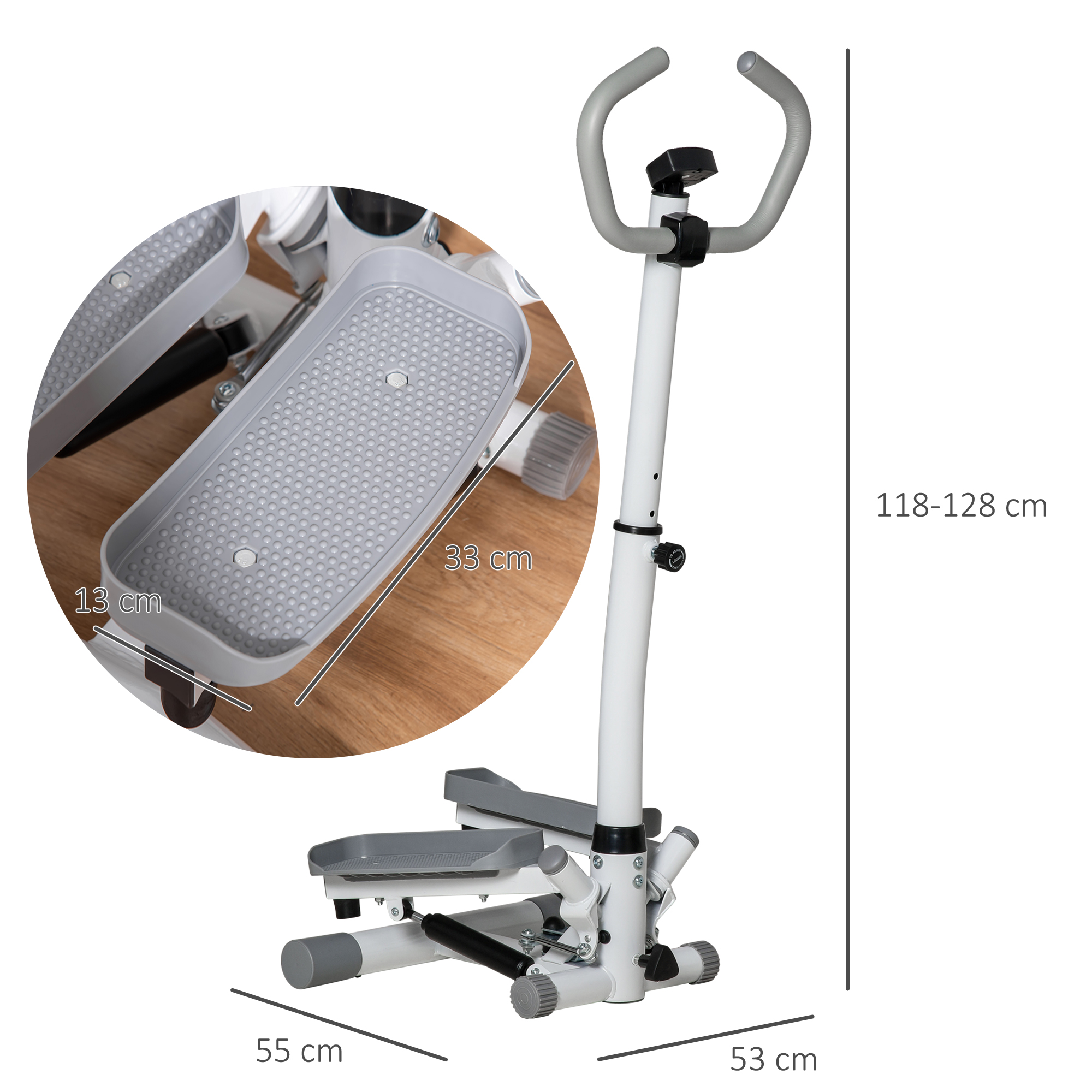Una macchina per esercizi stepper con telaio argento e bianco, pedali e manubri grigi.