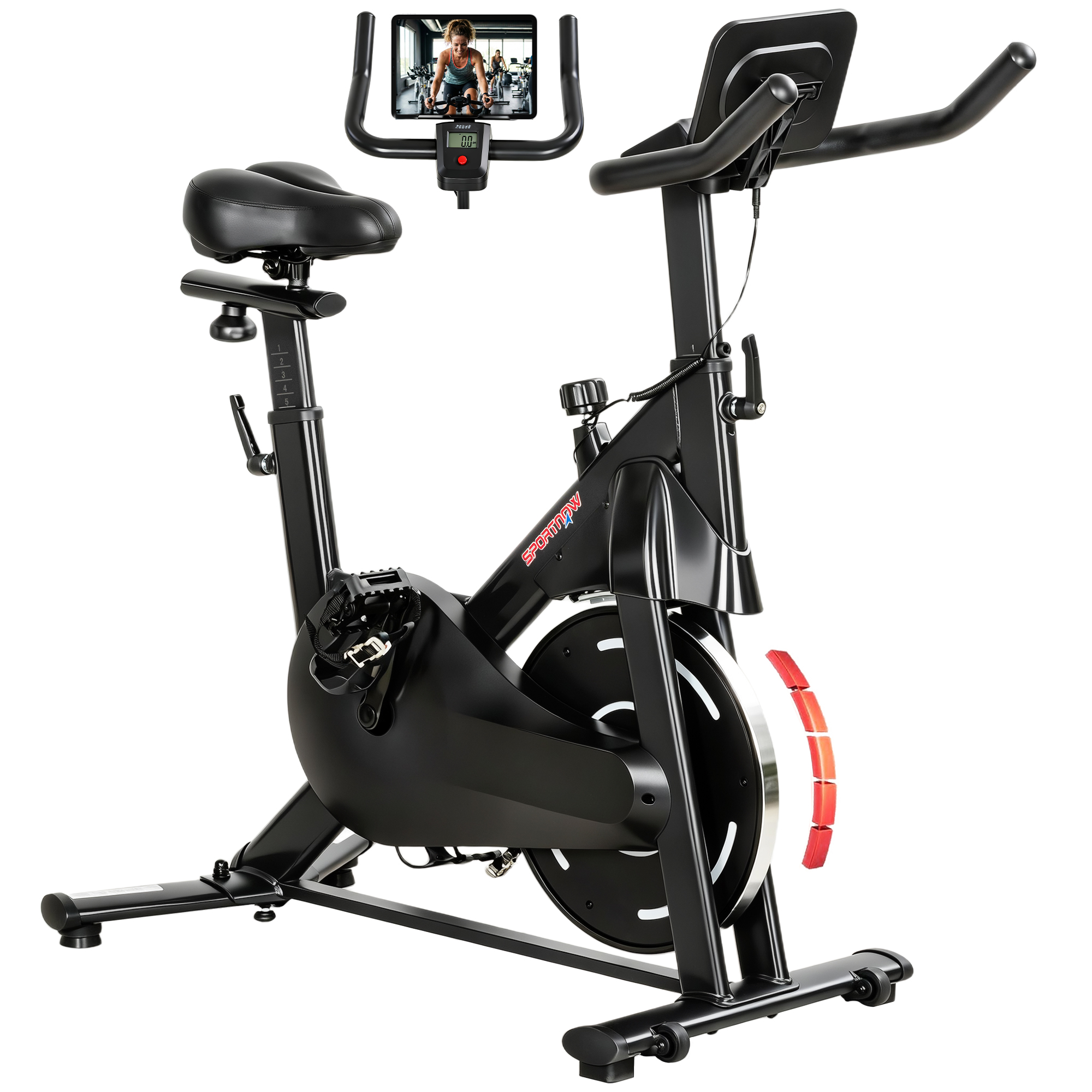 Cyclette nera con porta tablet che mostra una donna in bicicletta.
