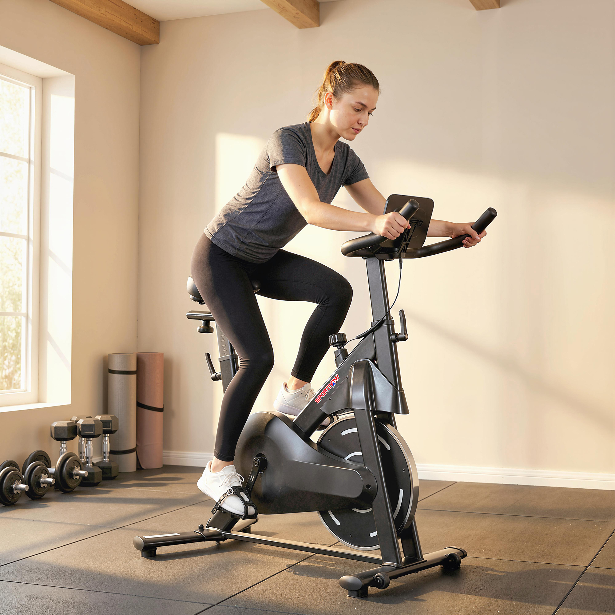Una donna si allena su una cyclette nera in una palestra con manubri e tappetini.