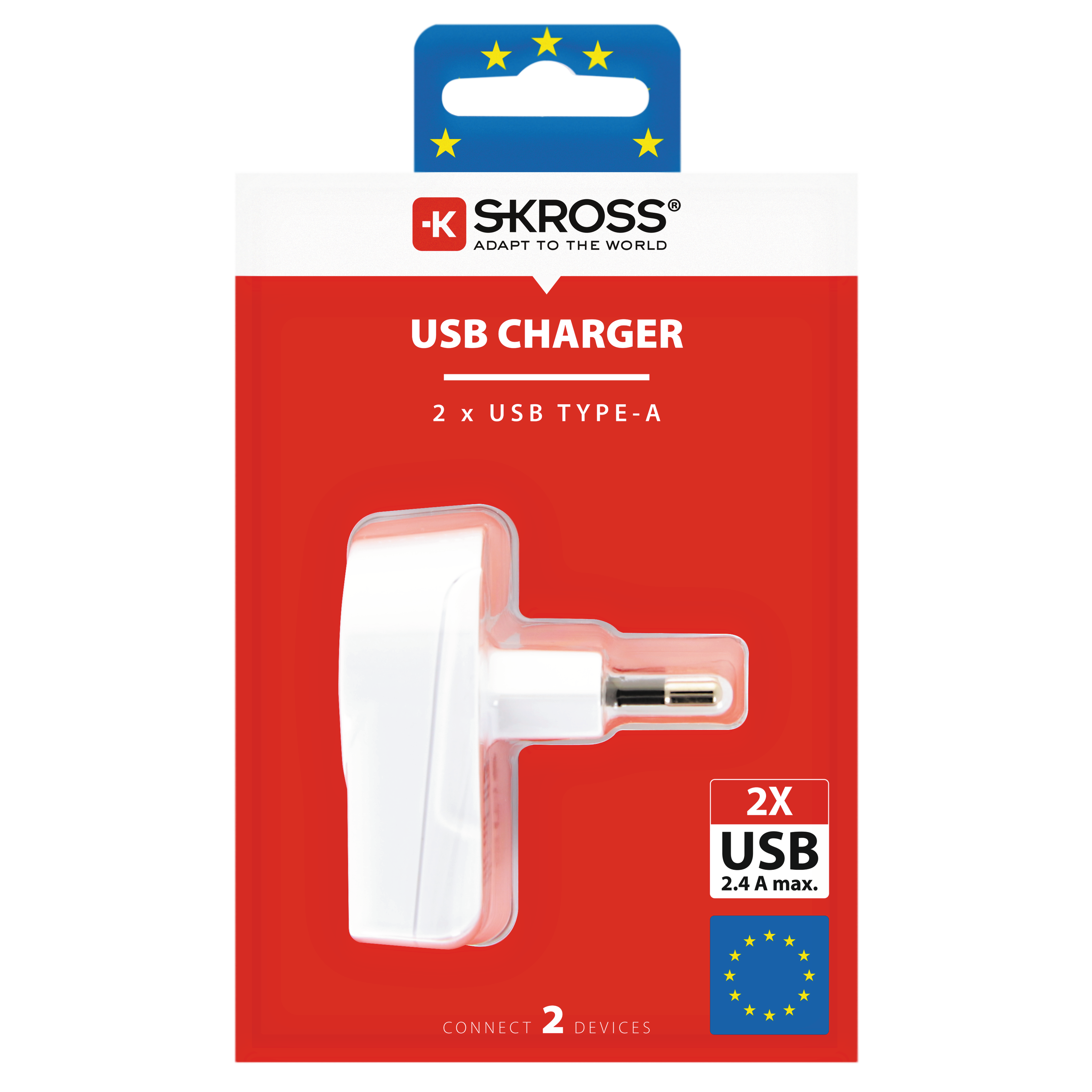 Caricatore USB bianco con due porte USB-A su confezione rossa.