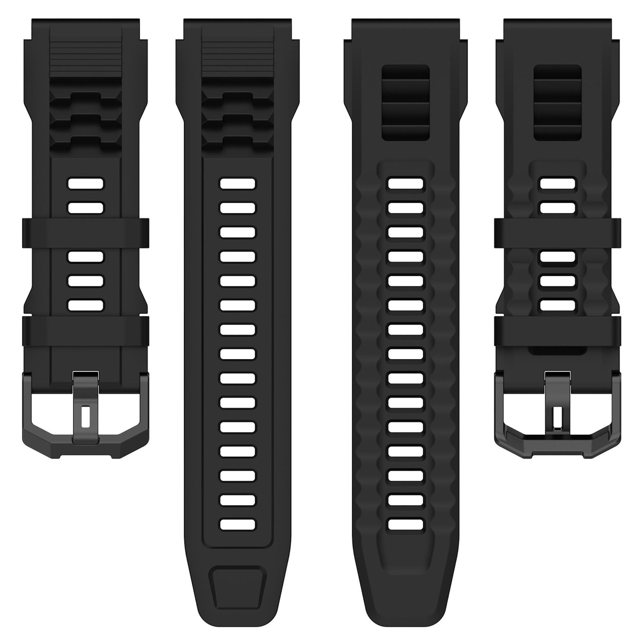 Vier schwarze Uhrenarmbänder mit Riemen und Schnallen.