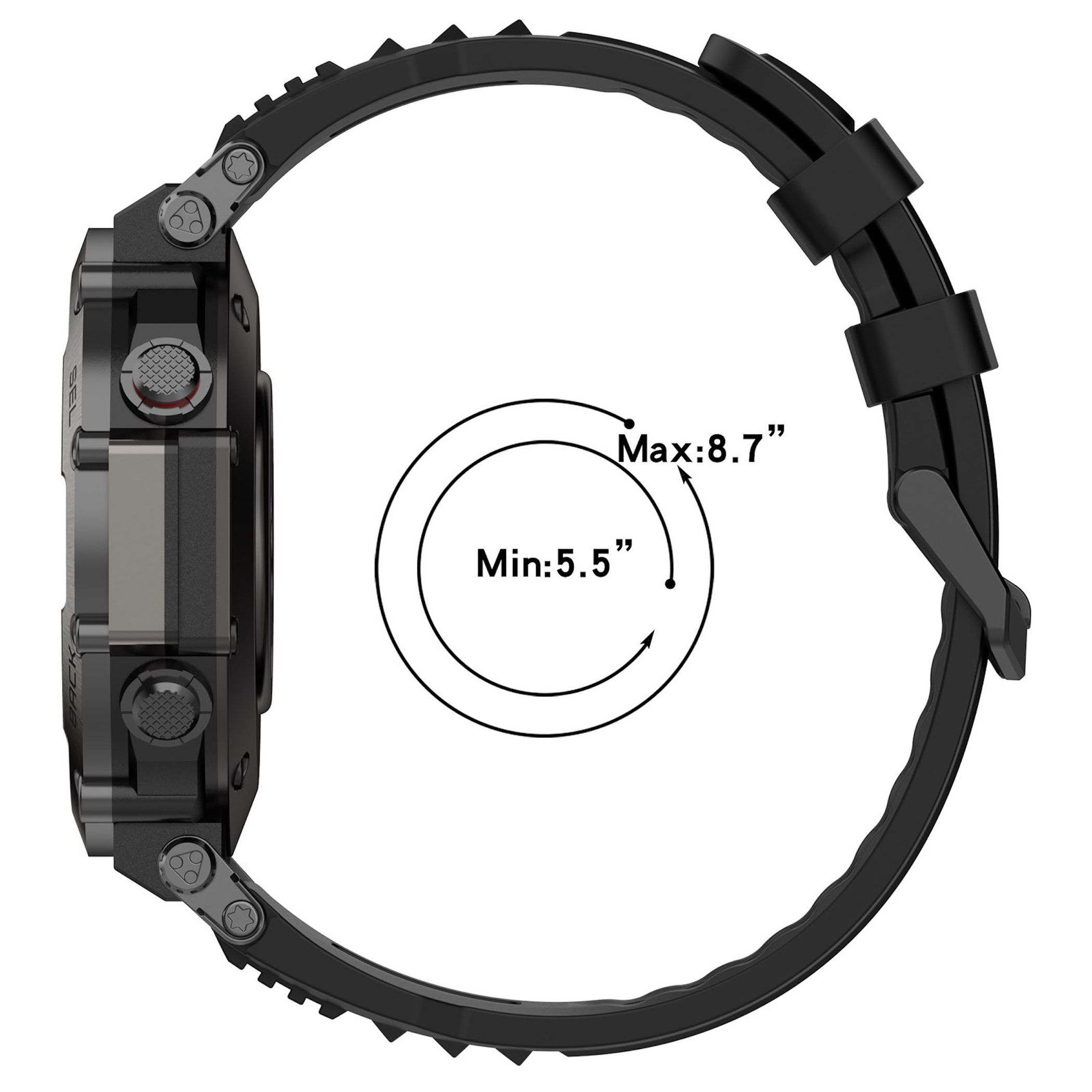 Schwarze Smartwatch mit Messungen für maximal 8,7 Zoll und minimal 5,5 Zoll.