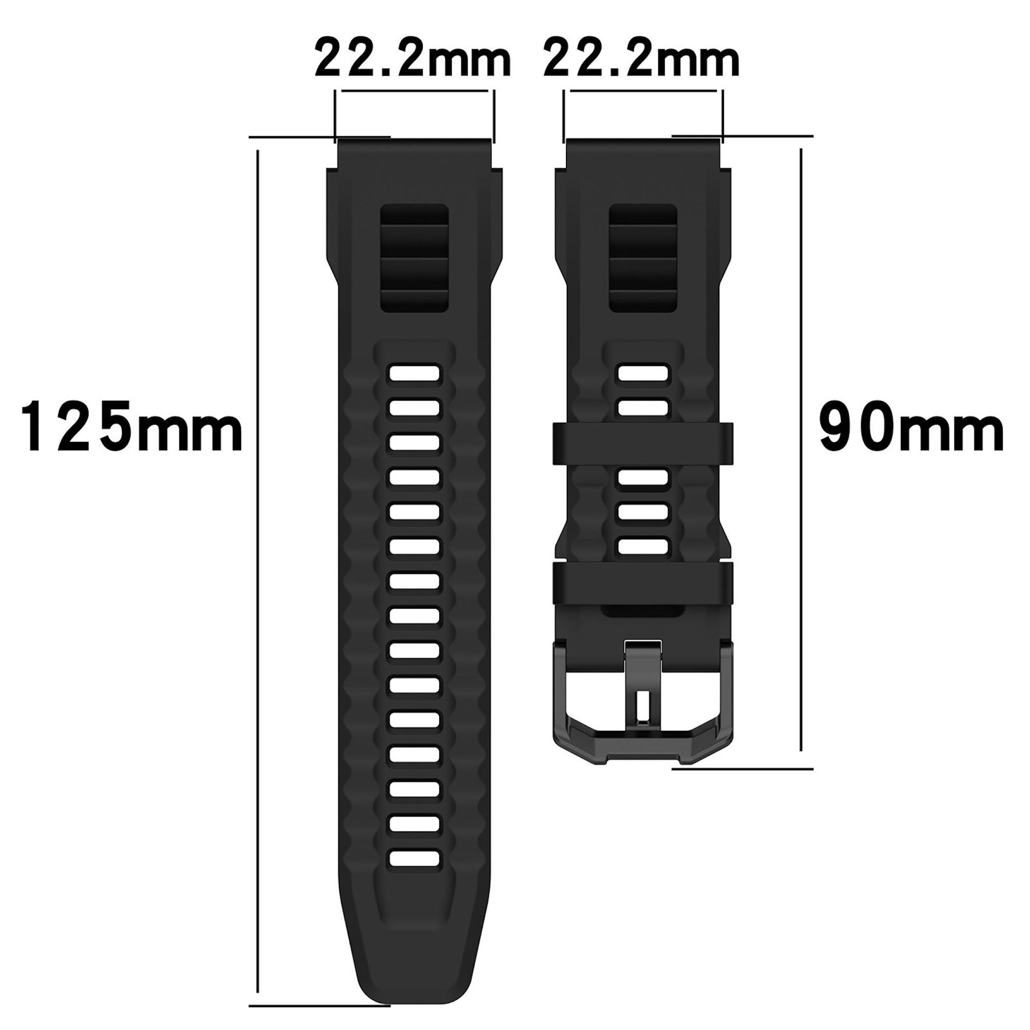 Schwarze Uhrenarmbänder, eins 125mm lang, das andere 90mm lang, 22,2mm breit.