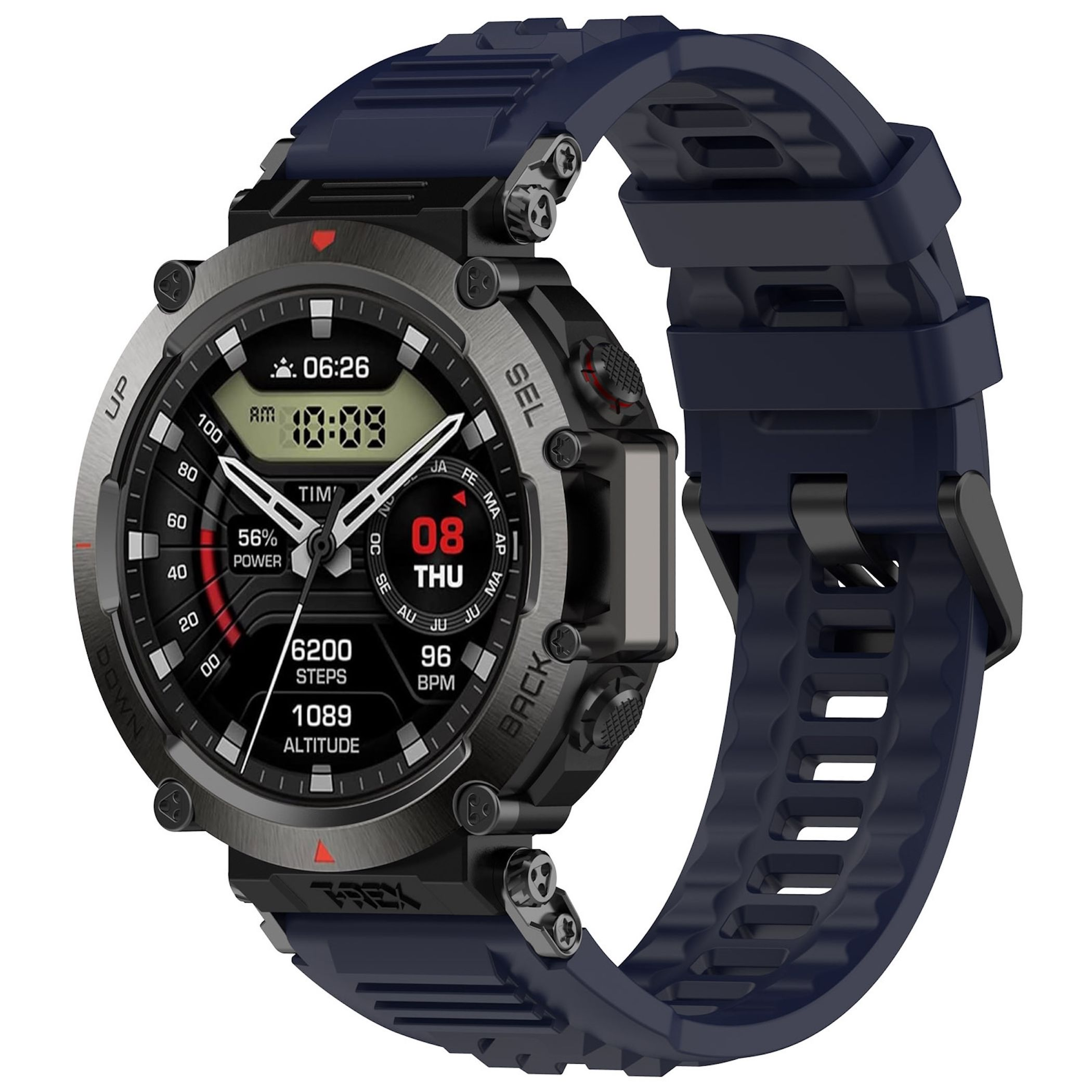 Eine dunkelblaue Smartwatch mit schwarzem Zifferblatt, die 56% Strom anzeigt.