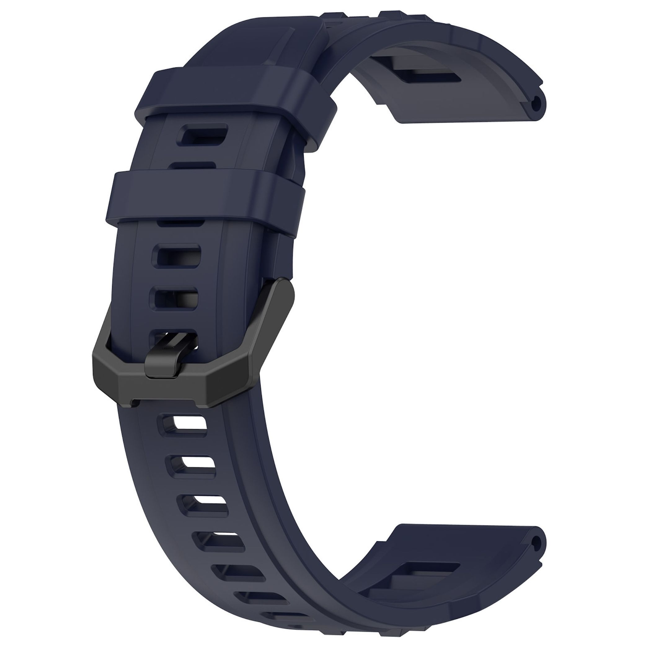 Ein dunkelblaues Uhrenarmband mit schwarzen Schnallen und Schlitzen.
