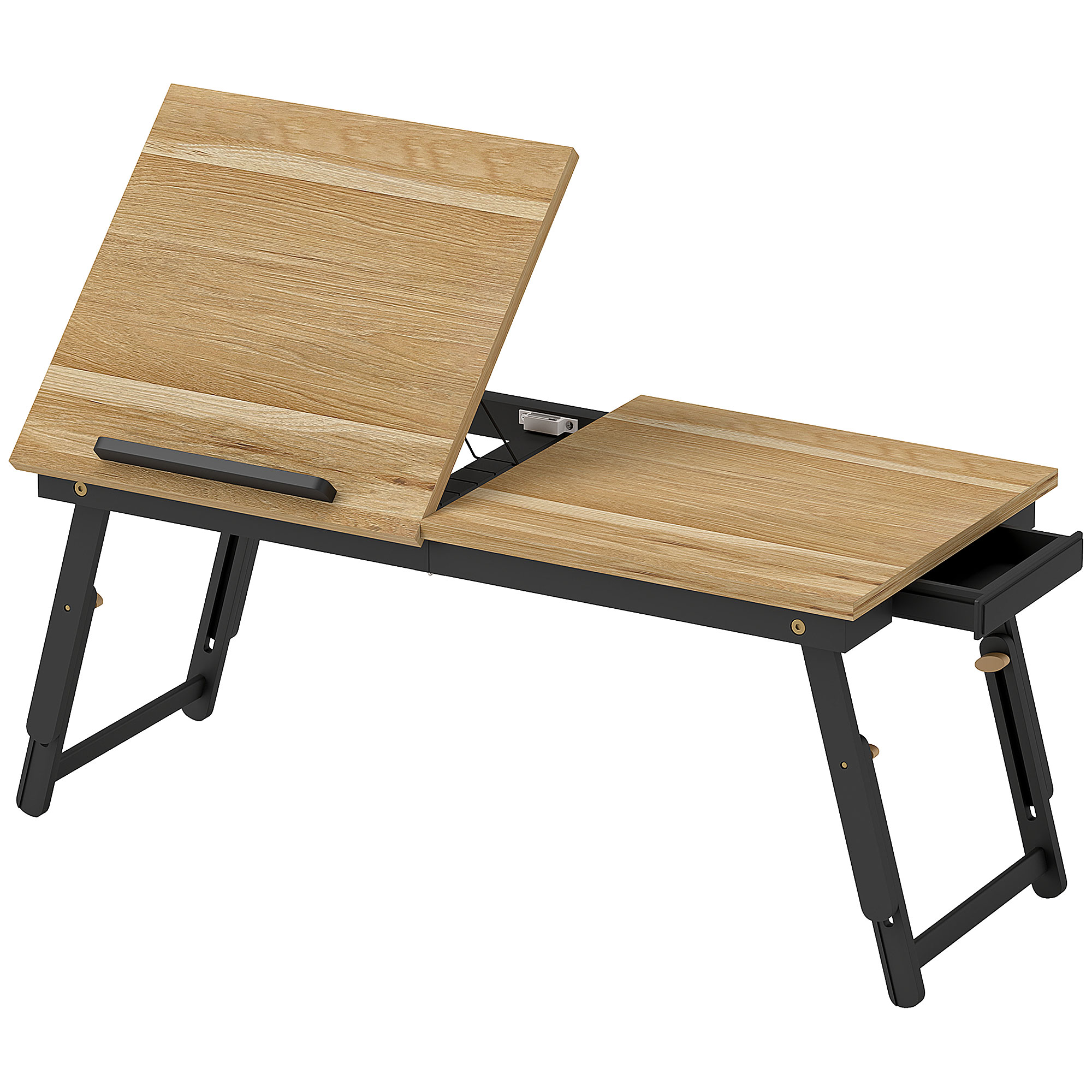 Un tavolo in legno per laptop con gambe pieghevoli nere e un cassetto.
