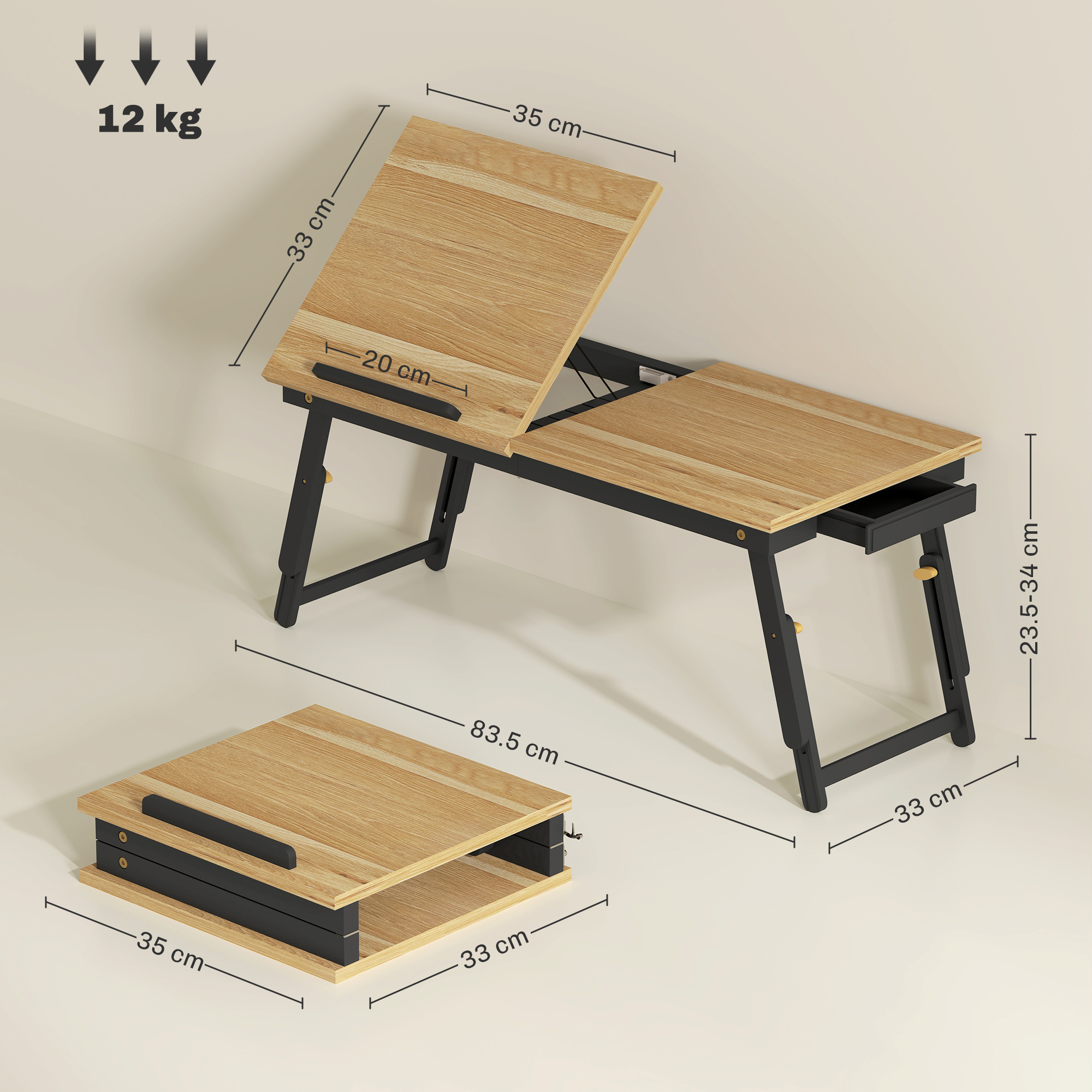Un tavolo pieghevole in legno con gambe in metallo nero. Dimensioni indicate.