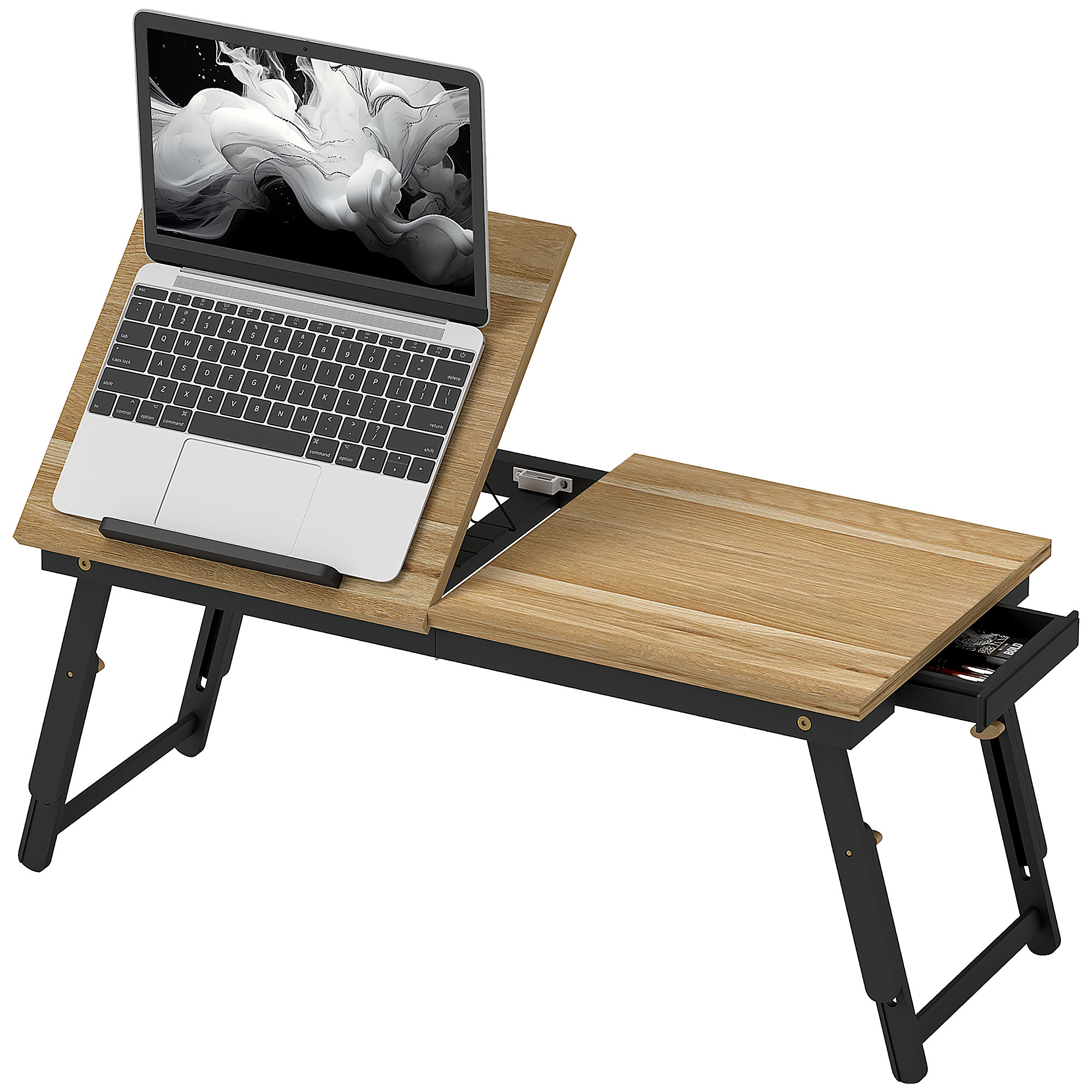 Un laptop su un tavolo di legno con gambe nere pieghevoli e un cassetto.